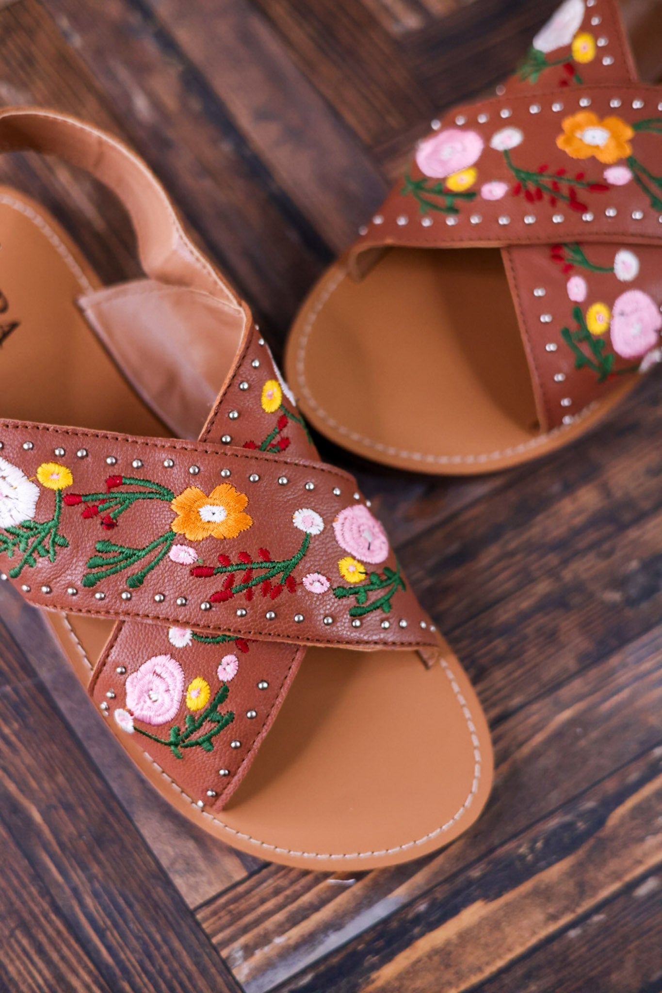 Lilytrail Floral Embroidered Tan Leather Sandals - Whiskey Skies - MYRA BAGS