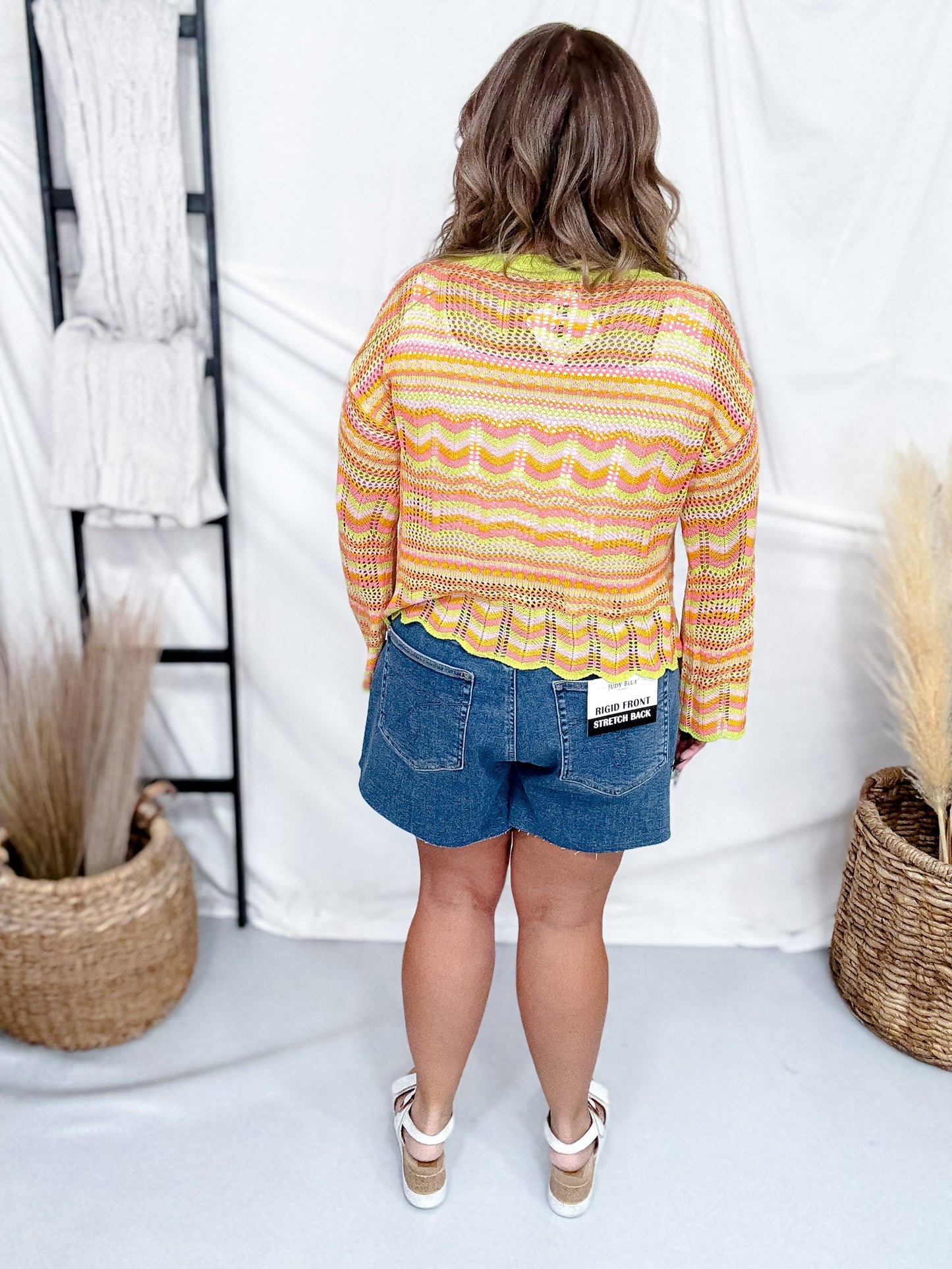 Lime Striped Open Knit Sweater With Scalloped Edges - Whiskey Skies - COZY CO