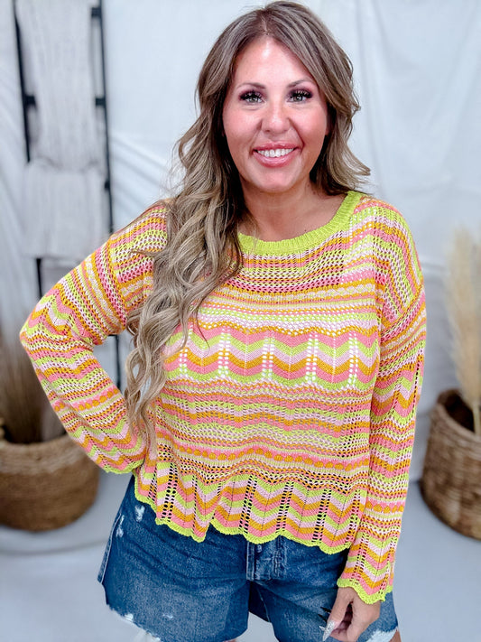 Lime Striped Open Knit Sweater With Scalloped Edges - Whiskey Skies - COZY CO
