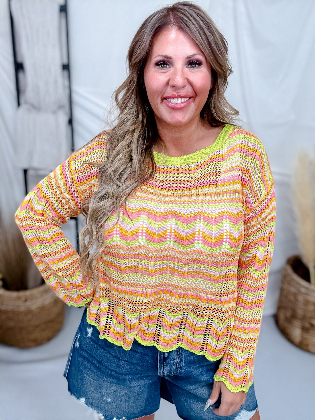 Lime Striped Open Knit Sweater With Scalloped Edges - Whiskey Skies - COZY CO