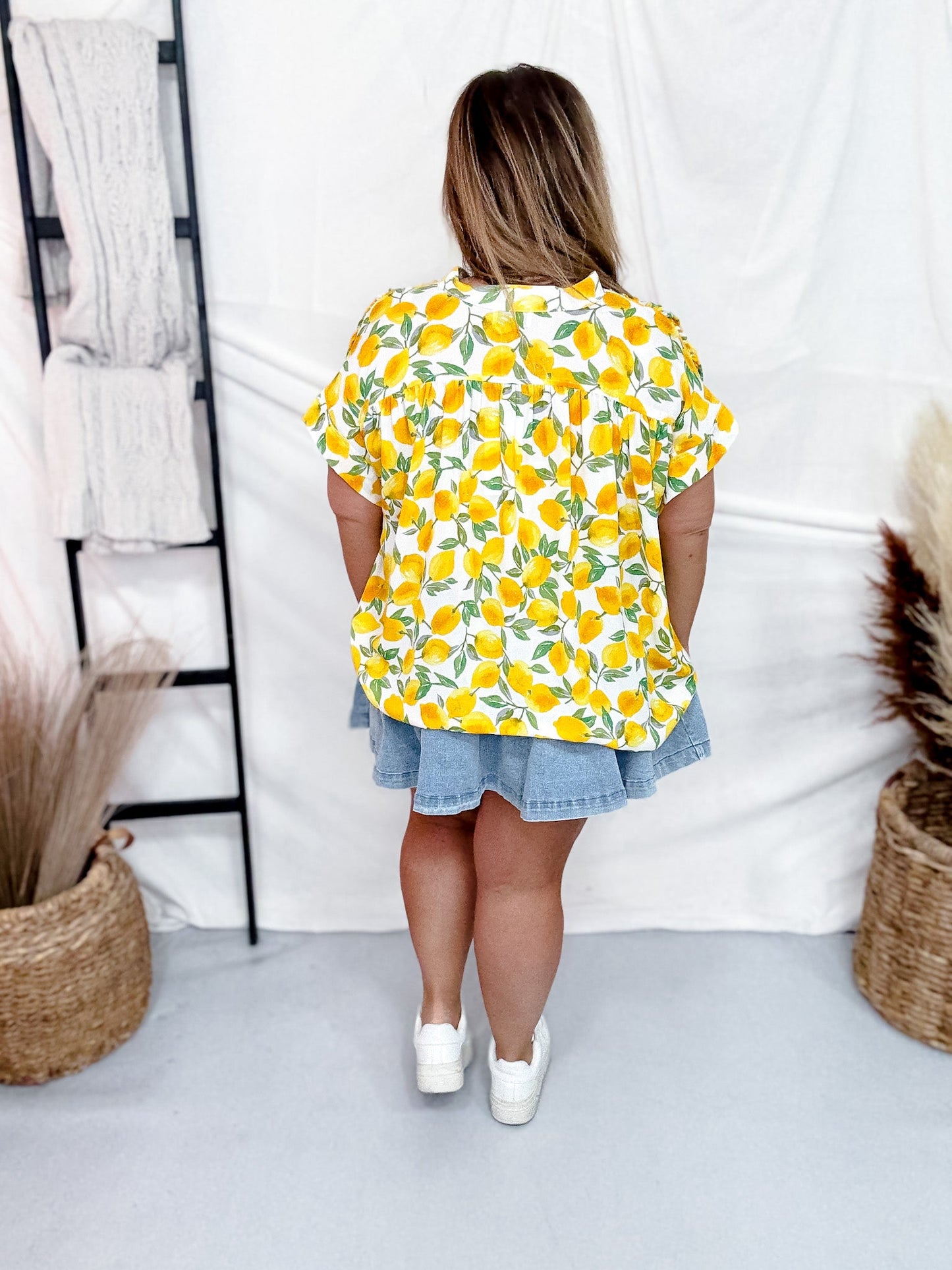 Limoncello Shirred Sleeve Top With Mandarin Collar - Whiskey Skies - ADRIENNE