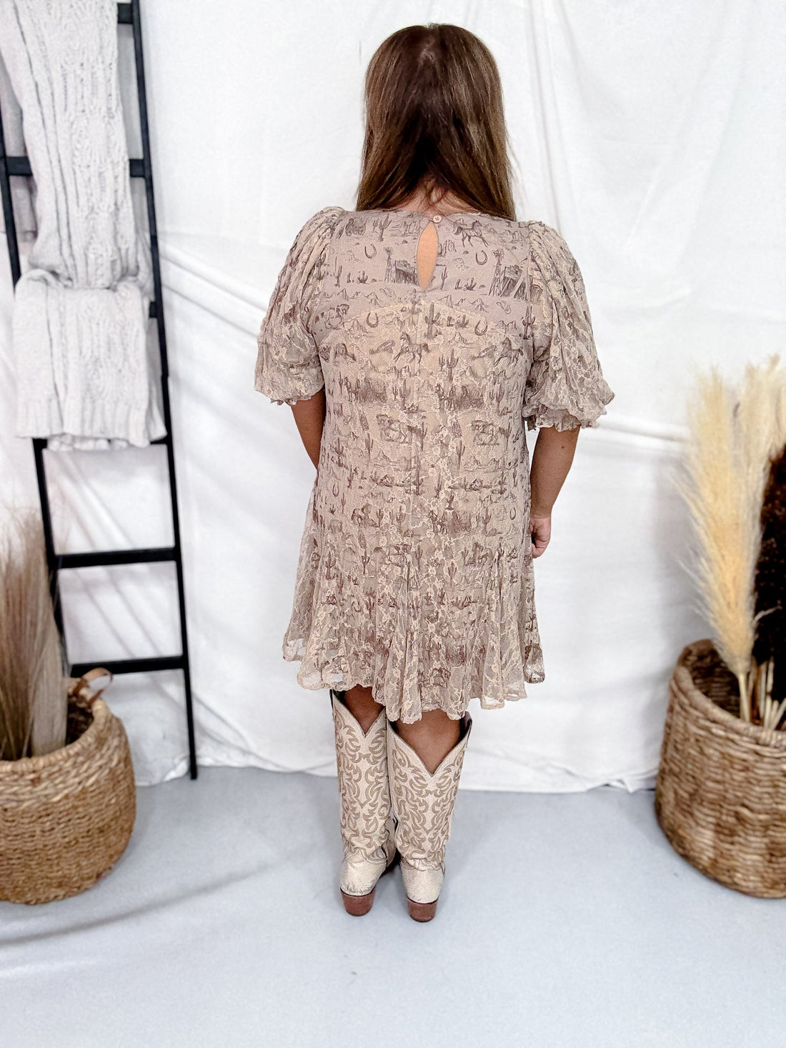 Lined Sparkly Western Landscape Lace Short Sleeve Dress - Whiskey Skies - ORIGAMI APPAREL