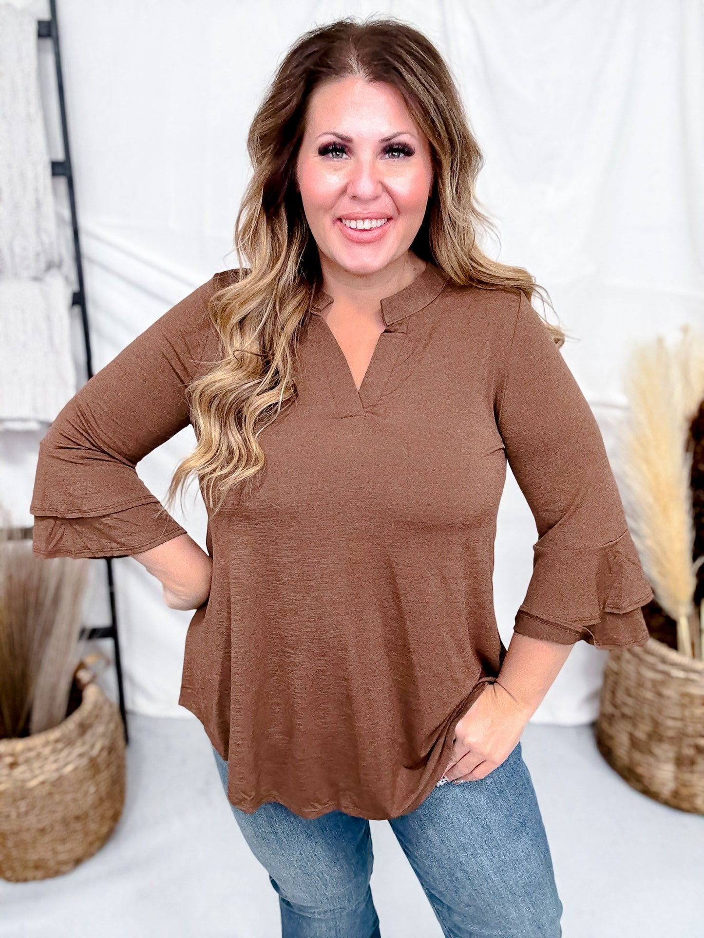 Lizzy Top With Tiered Bell Sleeves (8 Colors) - Whiskey Skies - DEAR SCARLETT