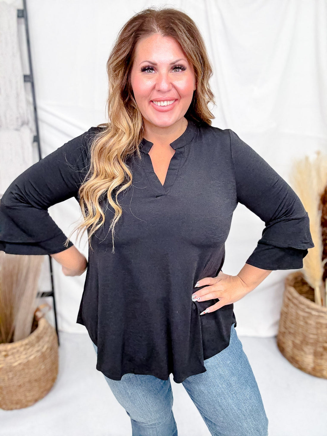 Lizzy Top With Tiered Bell Sleeves (8 Colors) - Whiskey Skies - DEAR SCARLETT