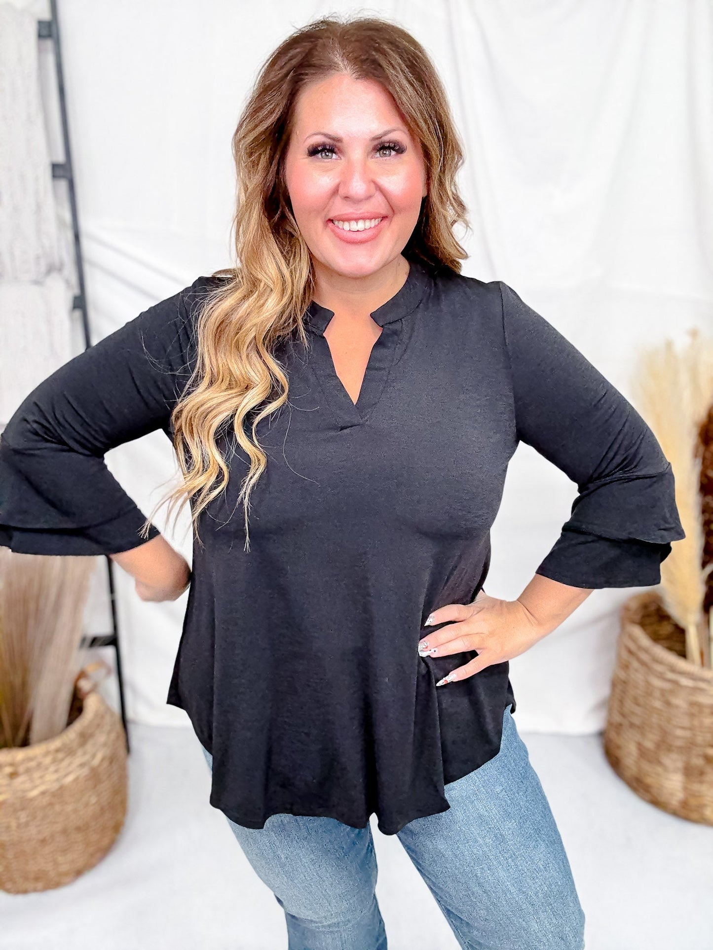 Lizzy Top With Tiered Bell Sleeves (8 Colors) - Whiskey Skies - DEAR SCARLETT