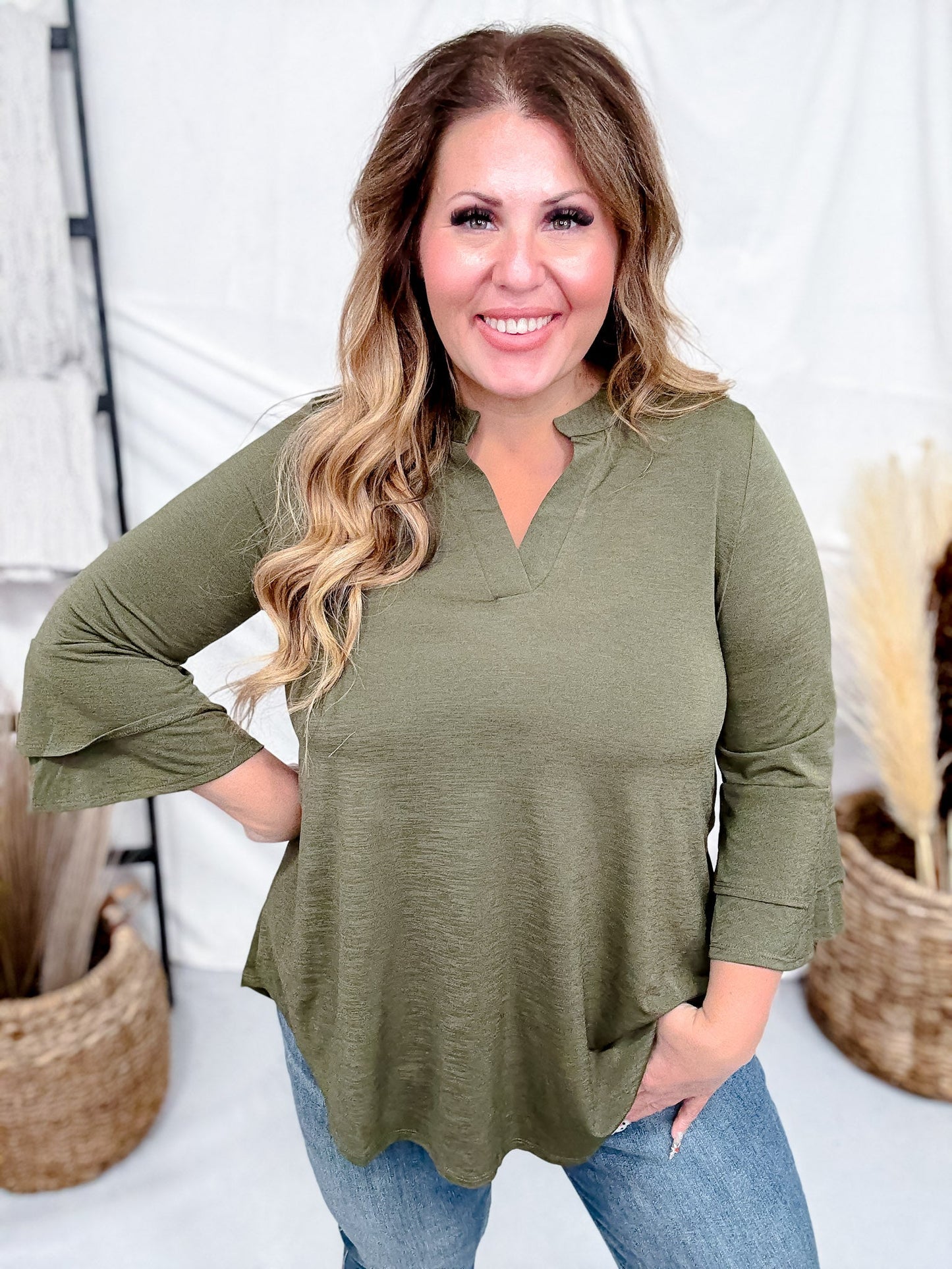 Lizzy Top With Tiered Bell Sleeves (8 Colors) - Whiskey Skies - DEAR SCARLETT