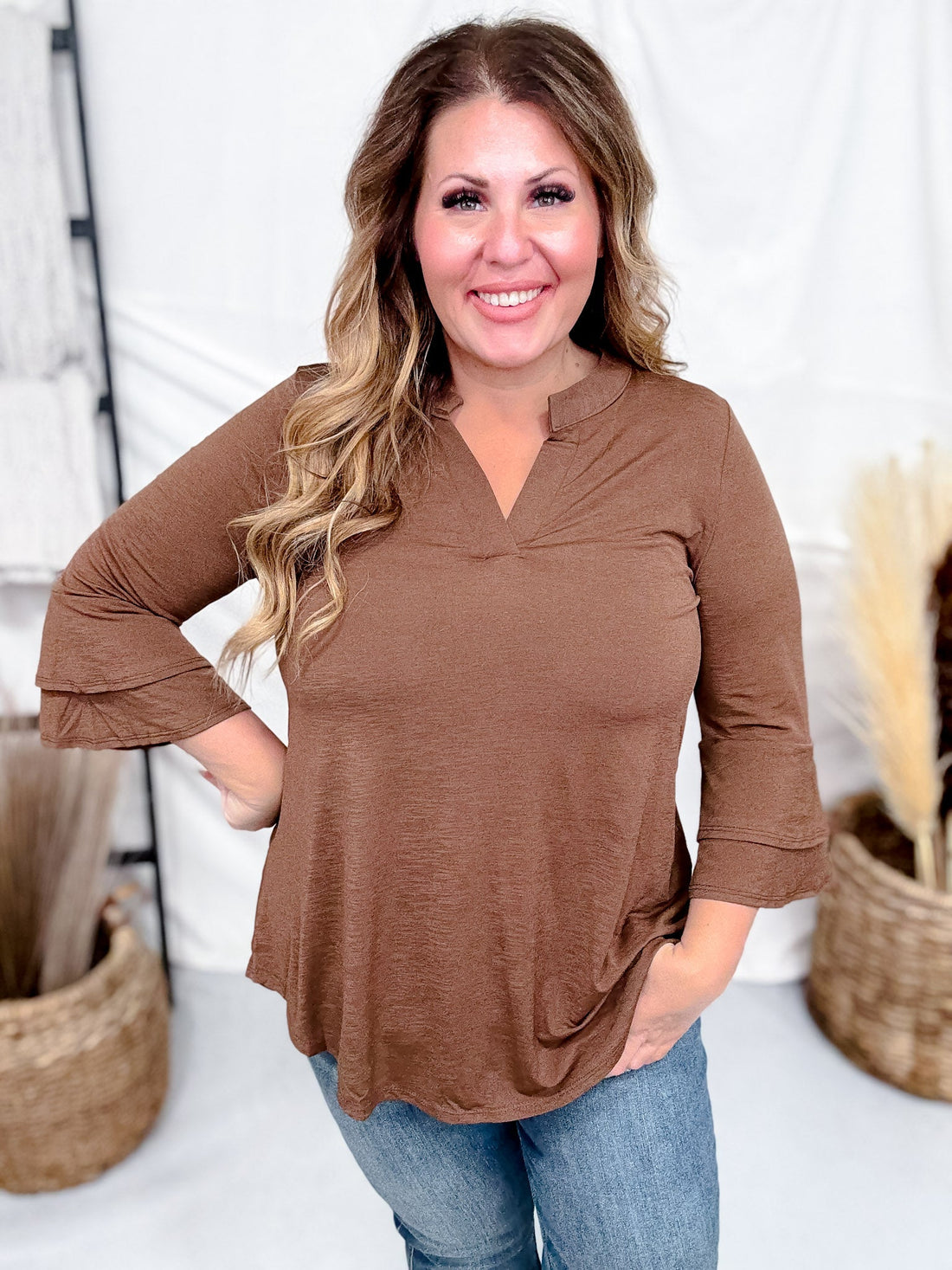 Lizzy Top With Tiered Bell Sleeves (8 Colors) - Whiskey Skies - DEAR SCARLETT