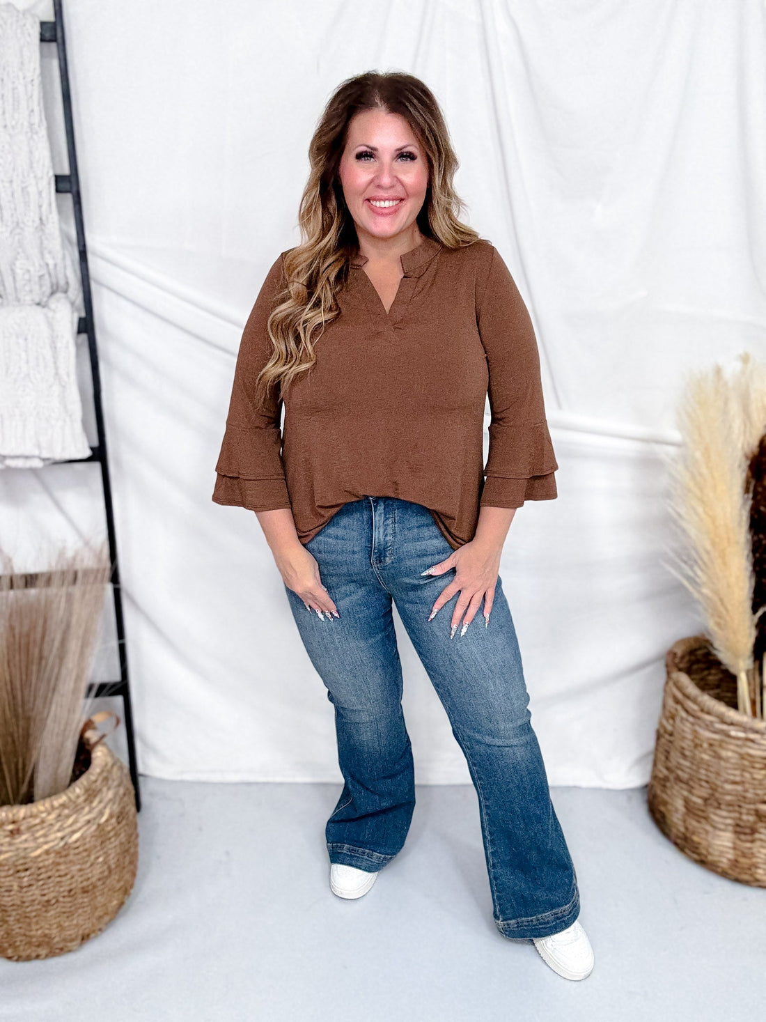 Lizzy Top With Tiered Bell Sleeves (8 Colors) - Whiskey Skies - DEAR SCARLETT