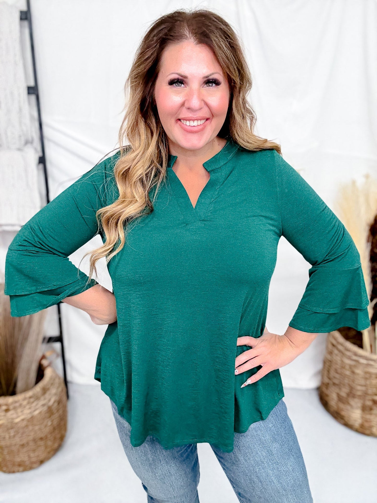 Lizzy Top With Tiered Bell Sleeves (8 Colors) - Whiskey Skies - DEAR SCARLETT