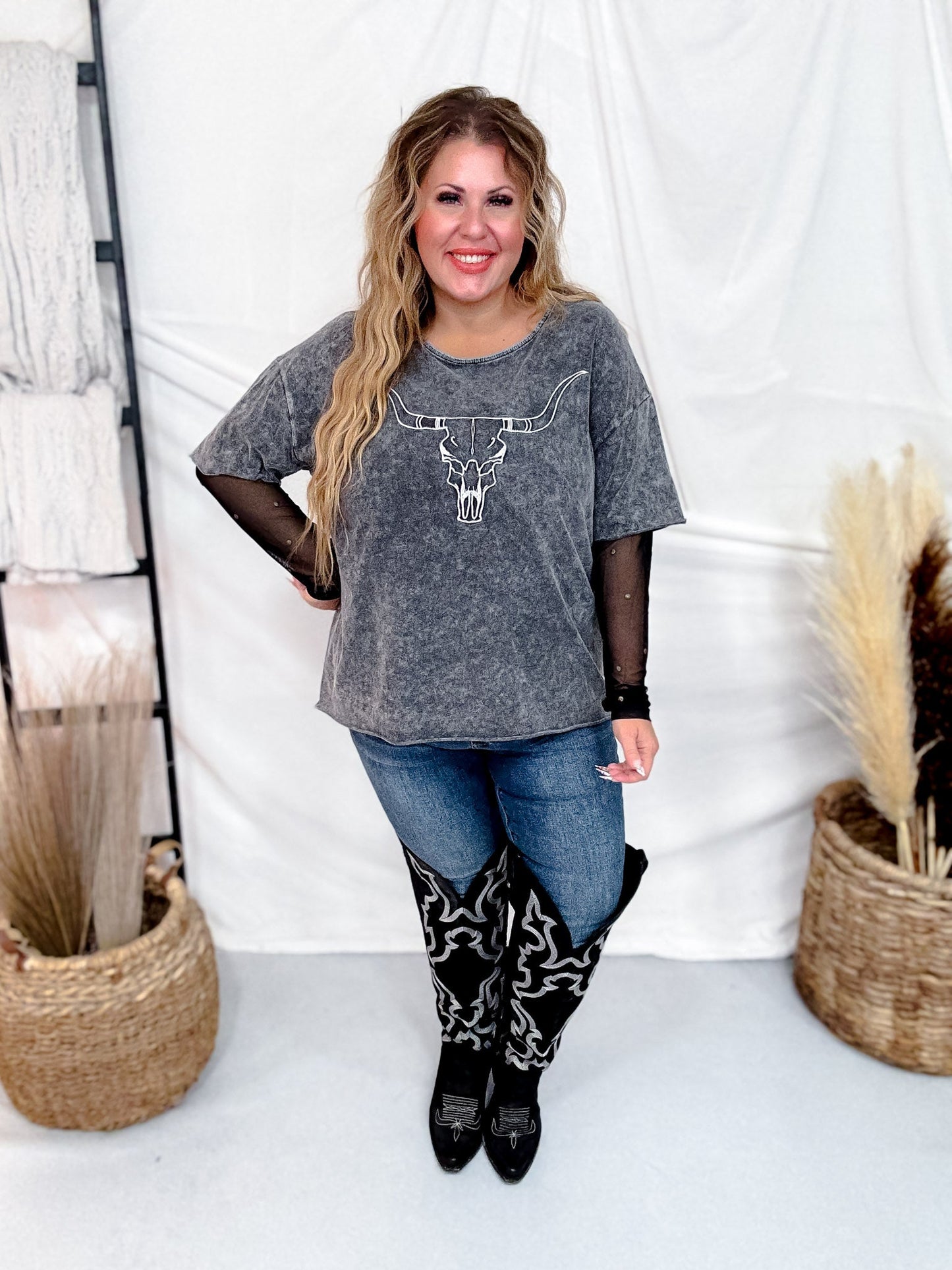 Lone Star Steer Top With Mesh Sleeves - Whiskey Skies - ROWDY CROWD CLOTHING