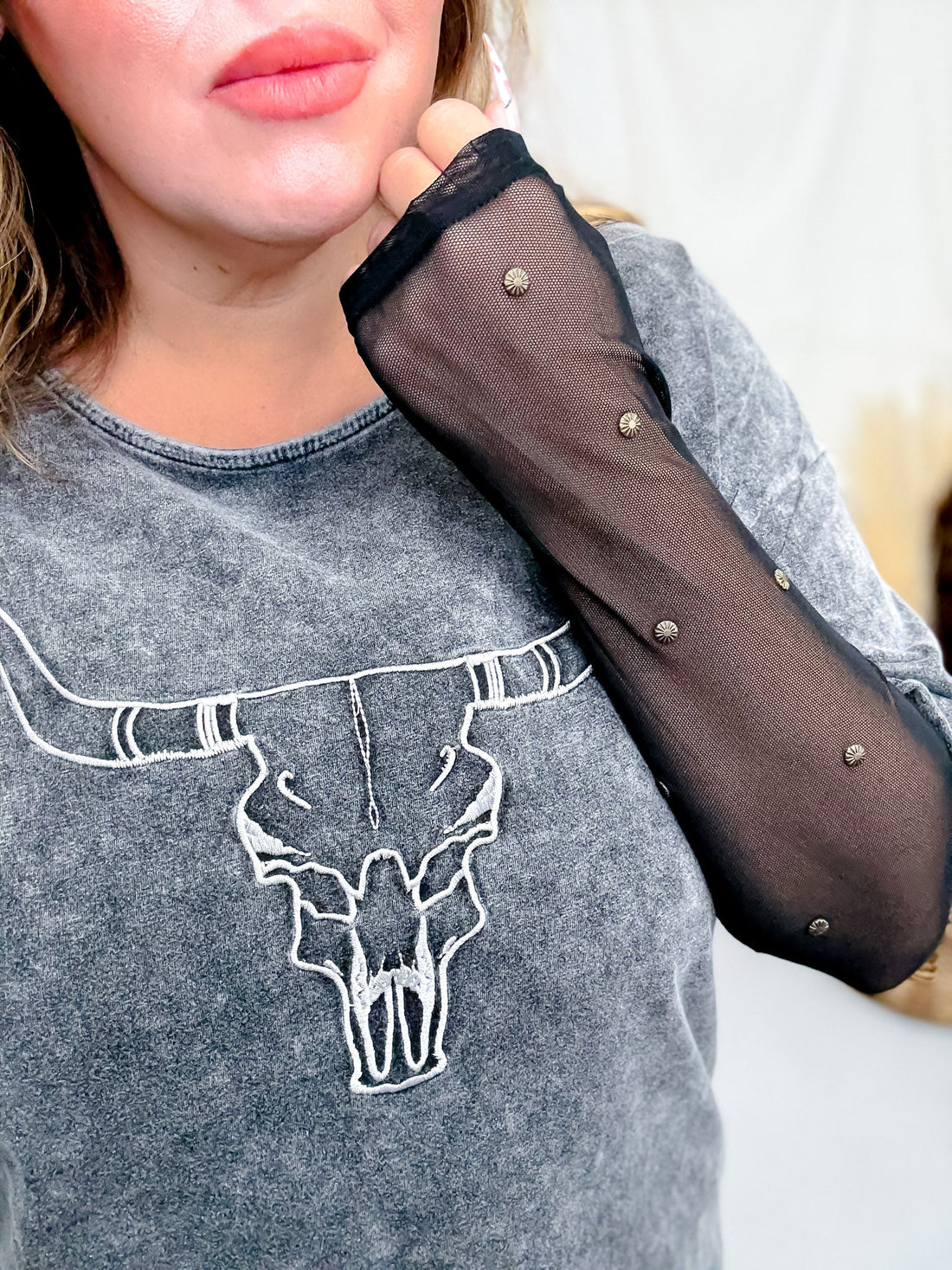 Lone Star Steer Top With Mesh Sleeves - Whiskey Skies - ROWDY CROWD CLOTHING