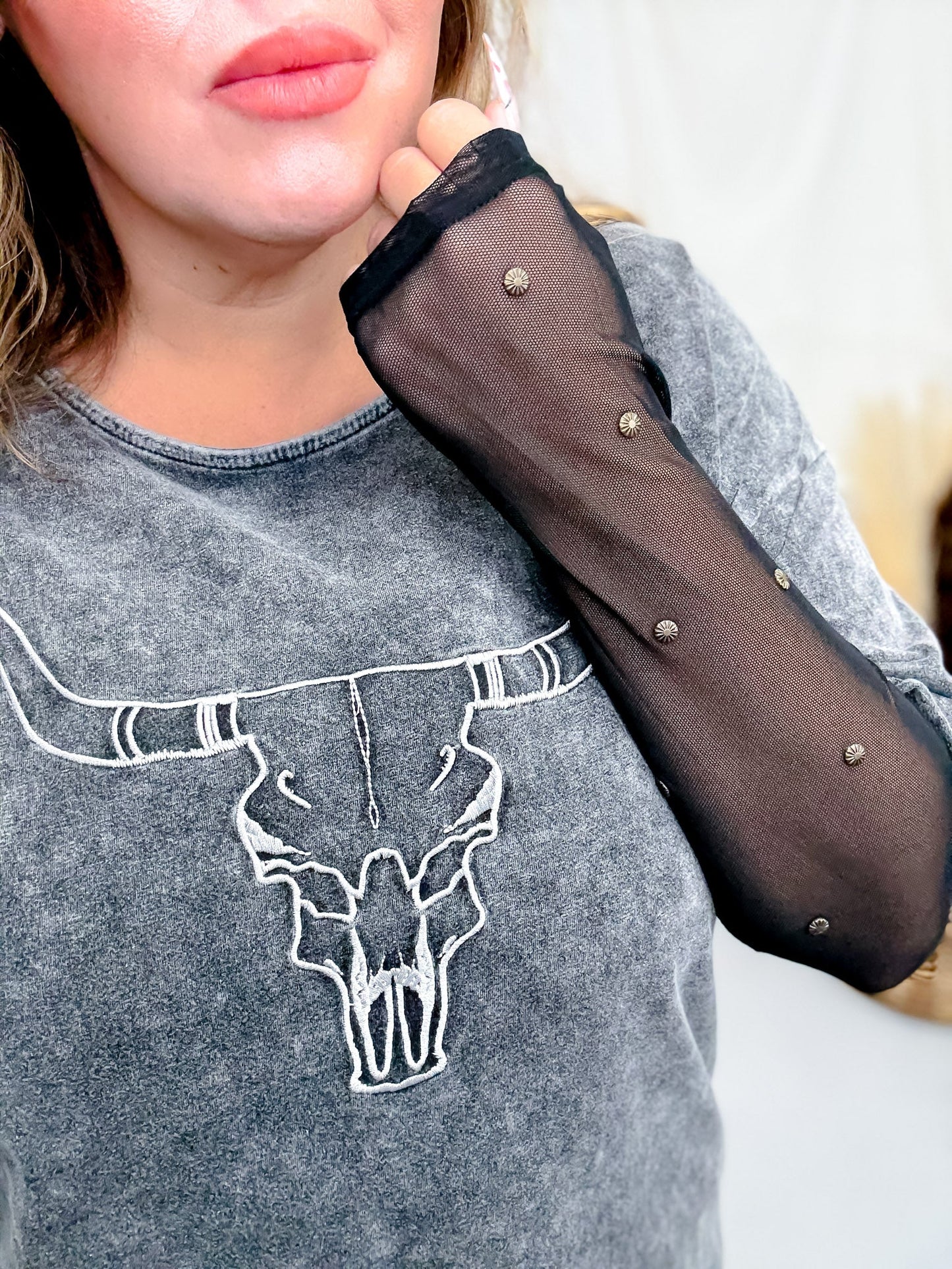 Lone Star Steer Top With Mesh Sleeves - Whiskey Skies - ROWDY CROWD CLOTHING