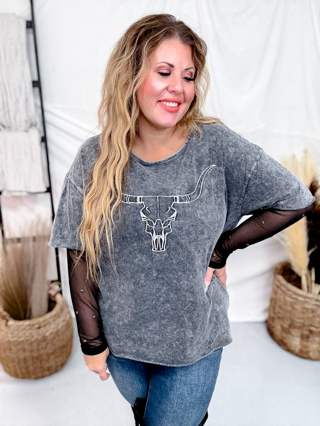 Lone Star Steer Top With Mesh Sleeves - Whiskey Skies - ROWDY CROWD CLOTHING