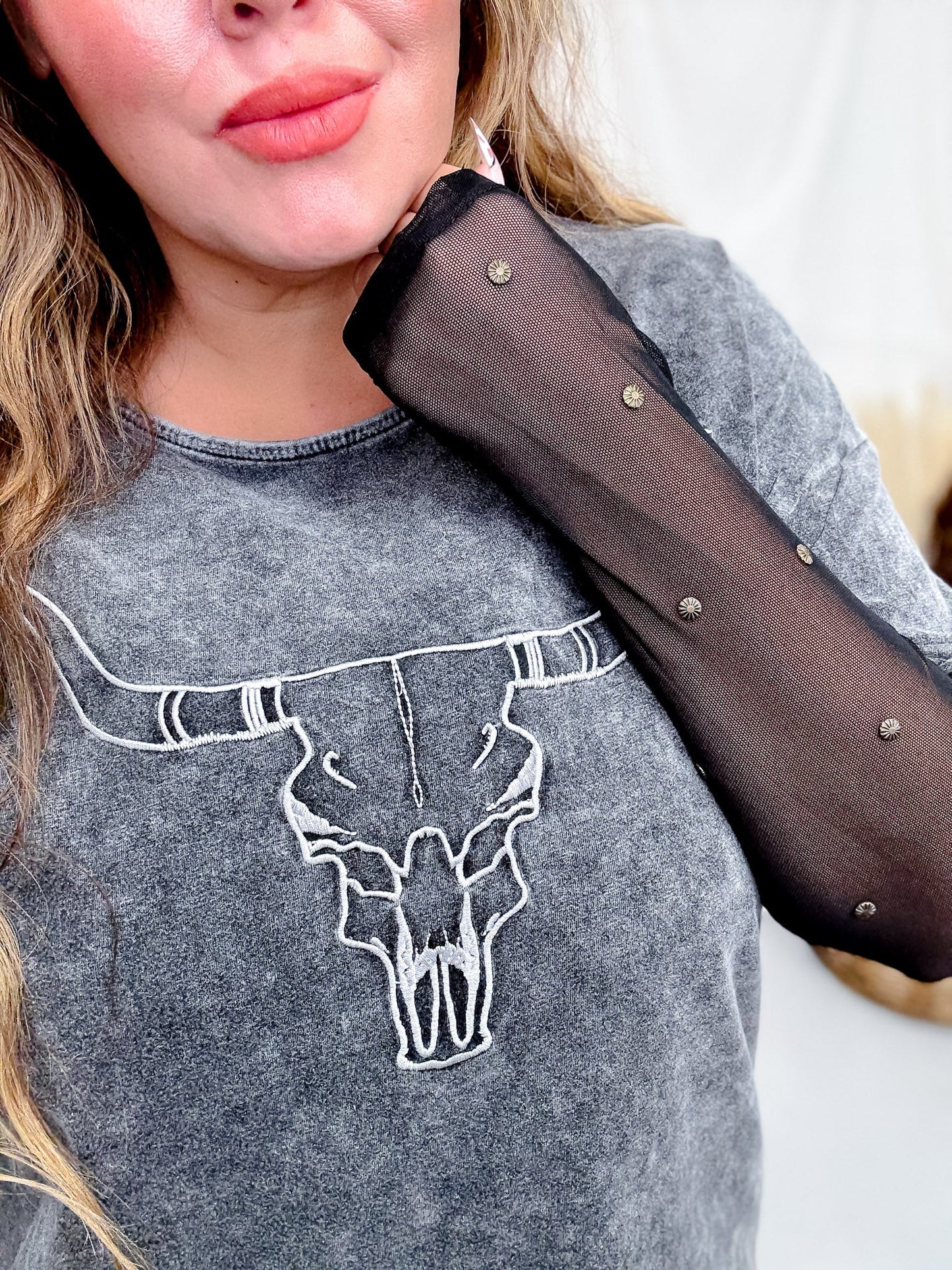 Lone Star Steer Top With Mesh Sleeves - Whiskey Skies - ROWDY CROWD CLOTHING