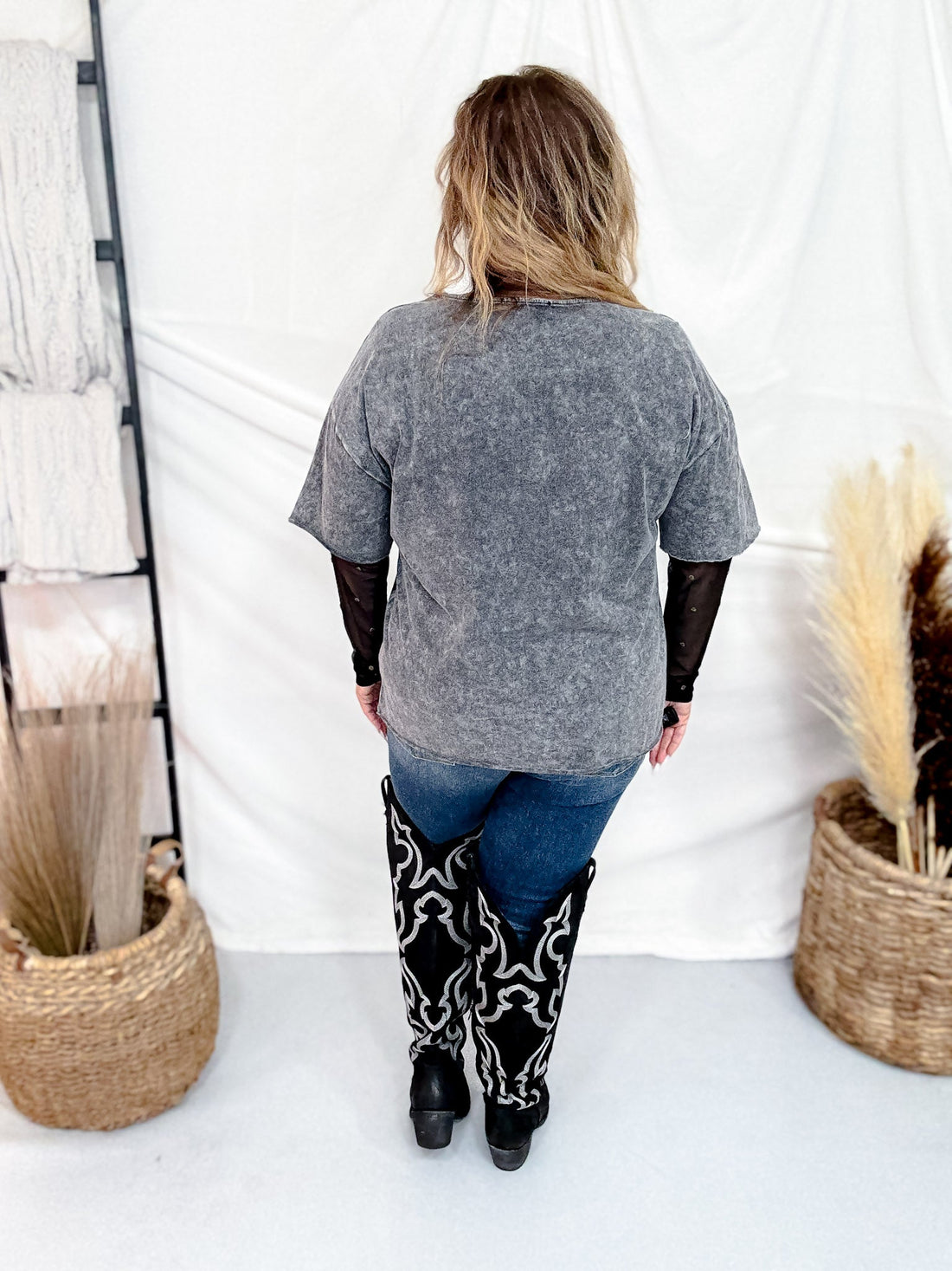 Lone Star Steer Top With Mesh Sleeves - Whiskey Skies - ROWDY CROWD CLOTHING