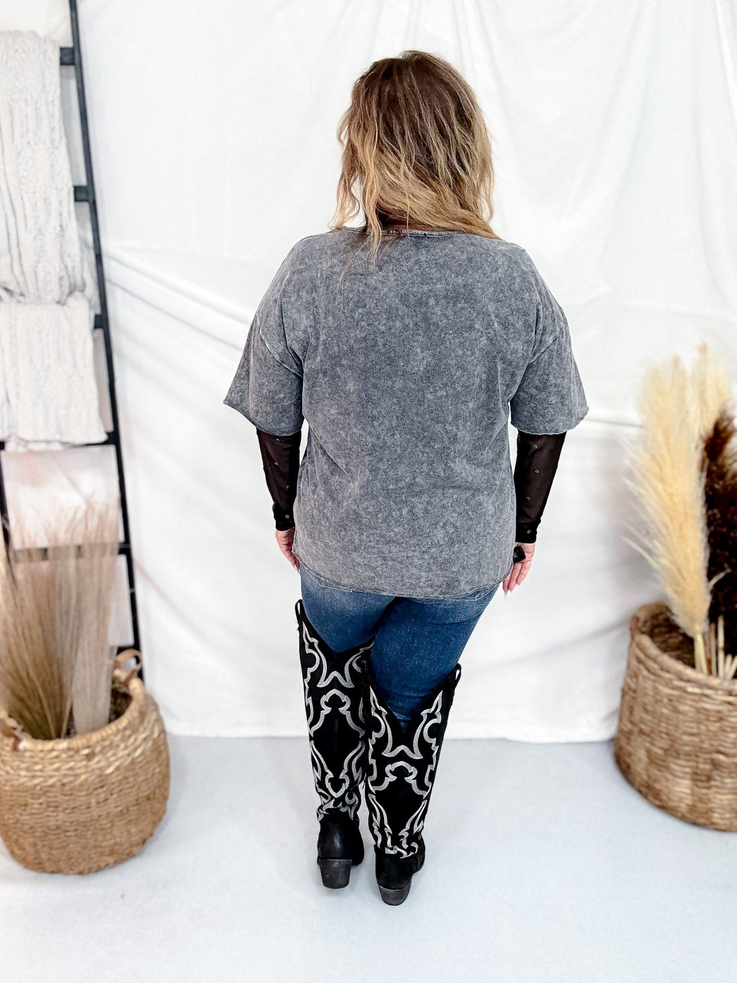 Lone Star Steer Top With Mesh Sleeves - Whiskey Skies - ROWDY CROWD CLOTHING