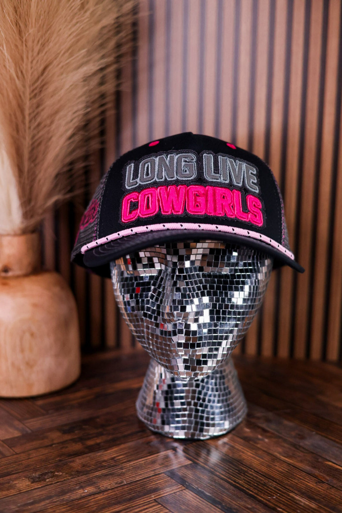 "Long Live Cowgirls" Pink, Grey, & Black Wrangler Trucker Hat - Whiskey Skies - CAPX