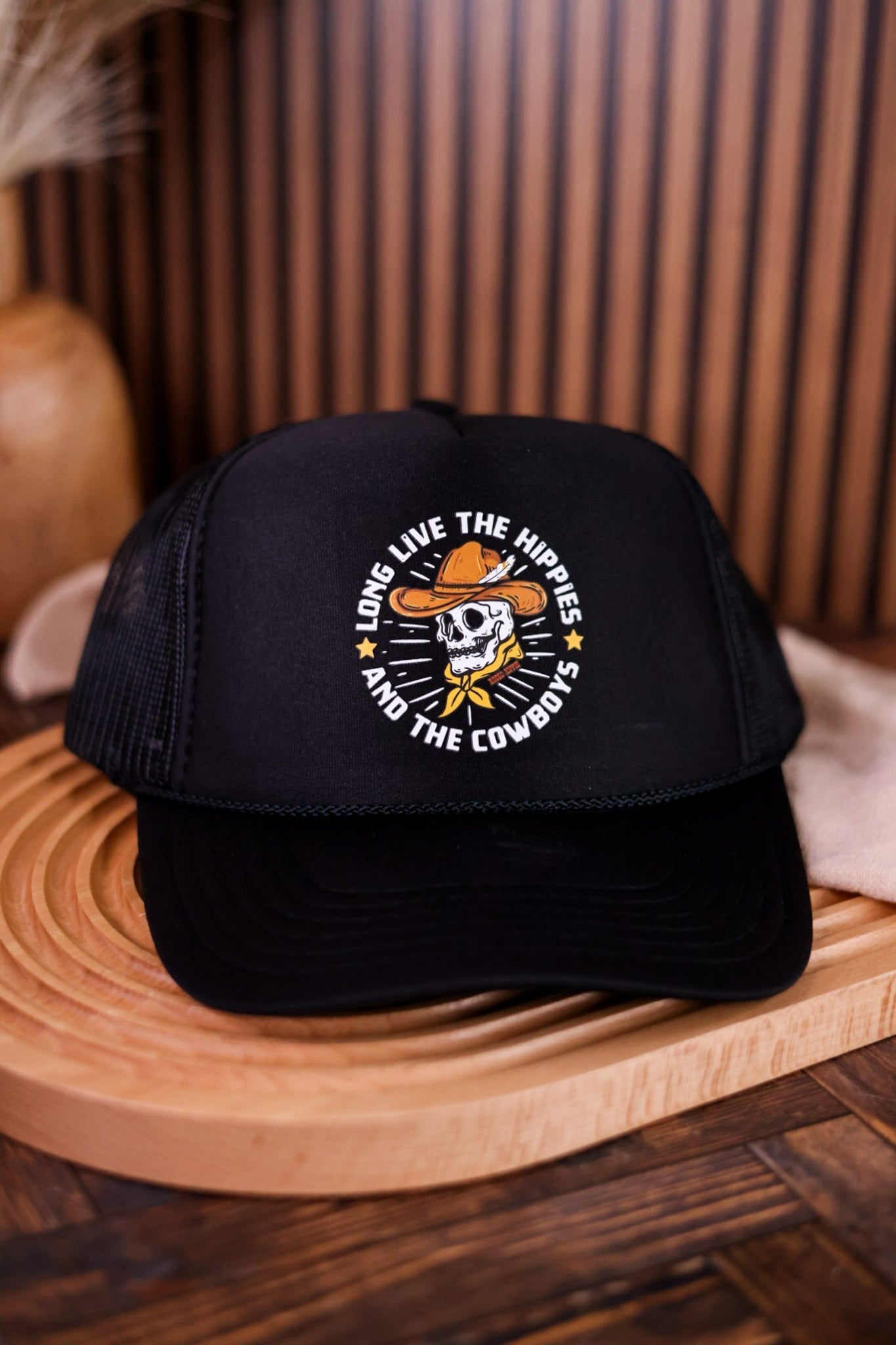 Long LIve Hippies & Cowboys Black Trucker Hat - Whiskey Skies - RODEO HIPPIE