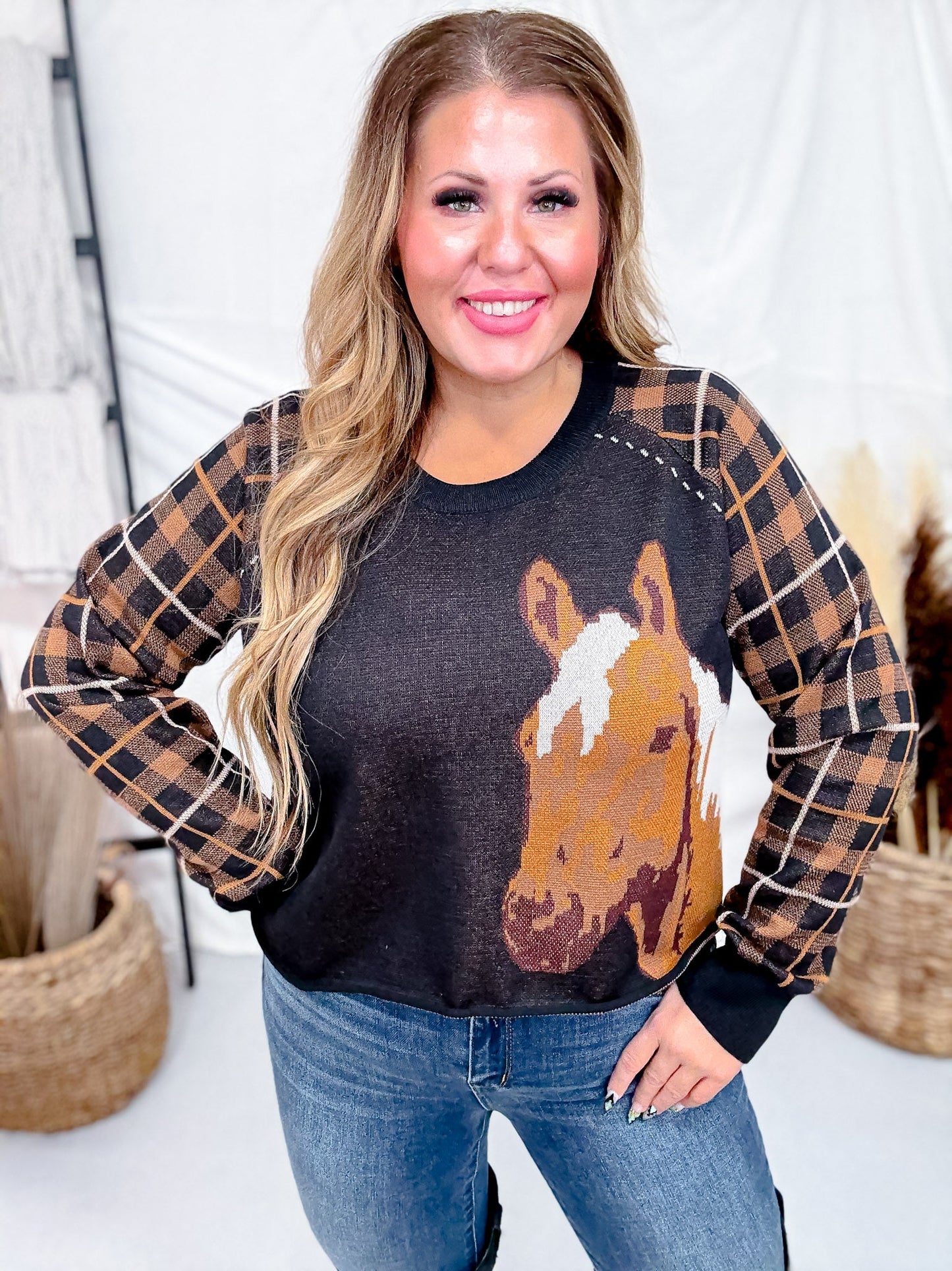 Long Plaid Sleeve Western Horse Print Midi - Sweater - Whiskey Skies - 2 FLY CO.
