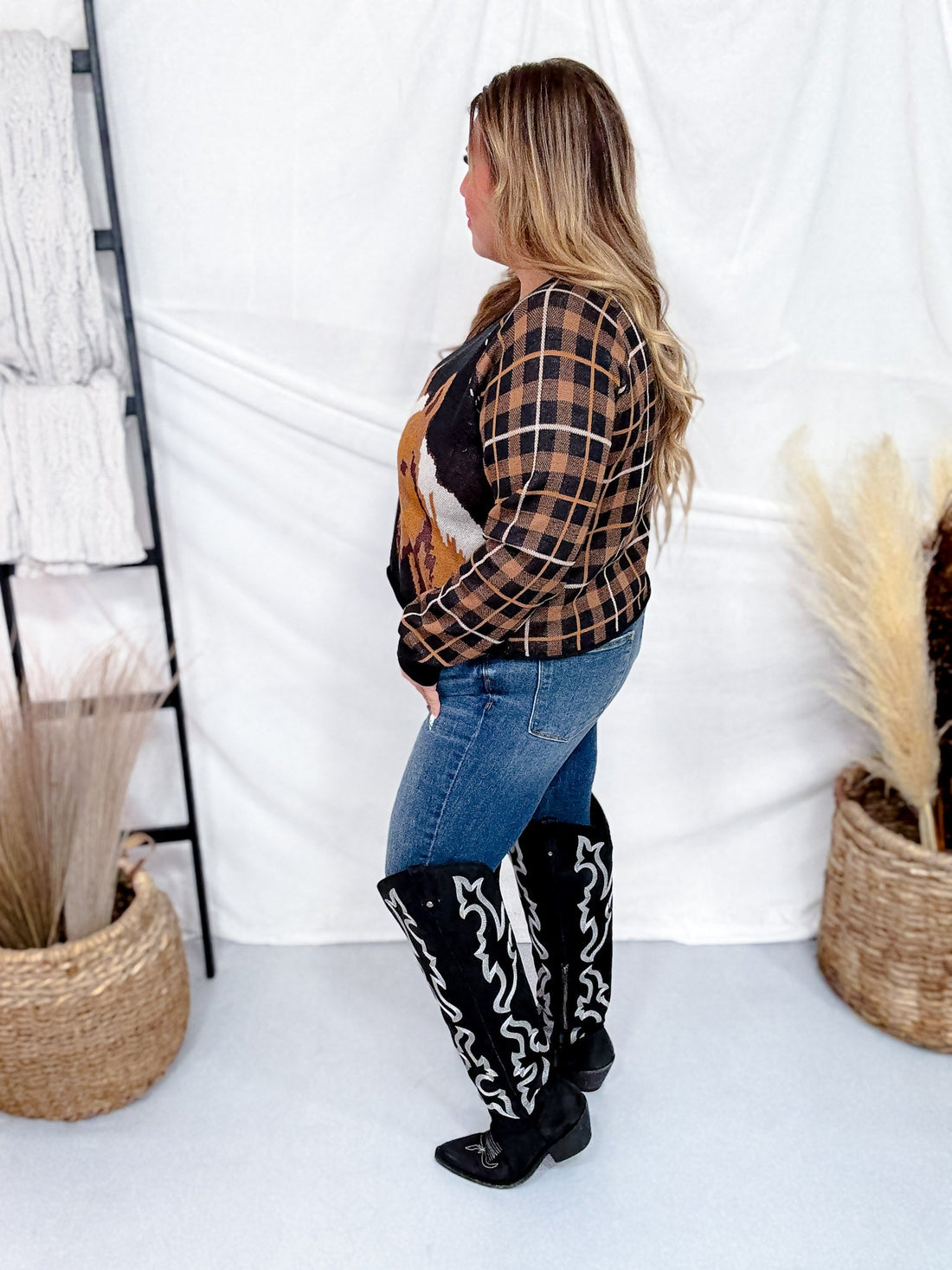 Long Plaid Sleeve Western Horse Print Midi - Sweater - Whiskey Skies - 2 FLY CO.
