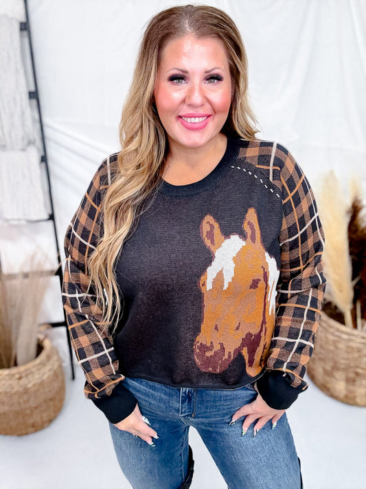 Long Plaid Sleeve Western Horse Print Midi - Sweater - Whiskey Skies - 2 FLY CO.