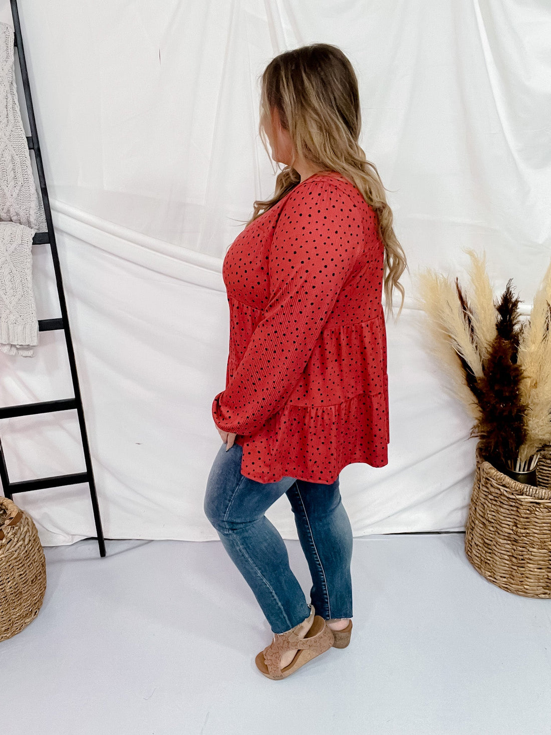 Long Puff Sleeve Polka Dot Tiered Top - Whiskey Skies - HEIMISH