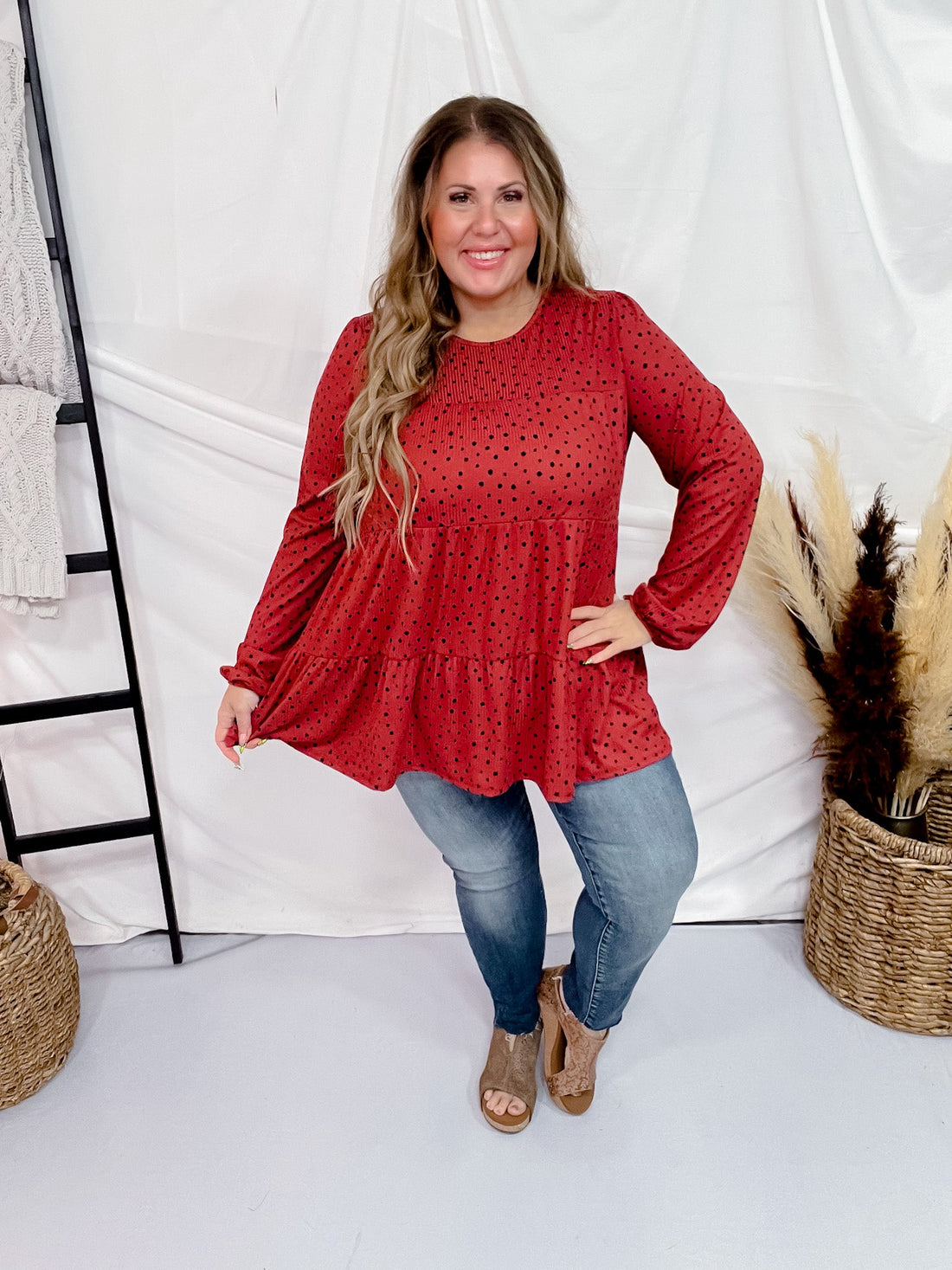 Long Puff Sleeve Polka Dot Tiered Top - Whiskey Skies - HEIMISH