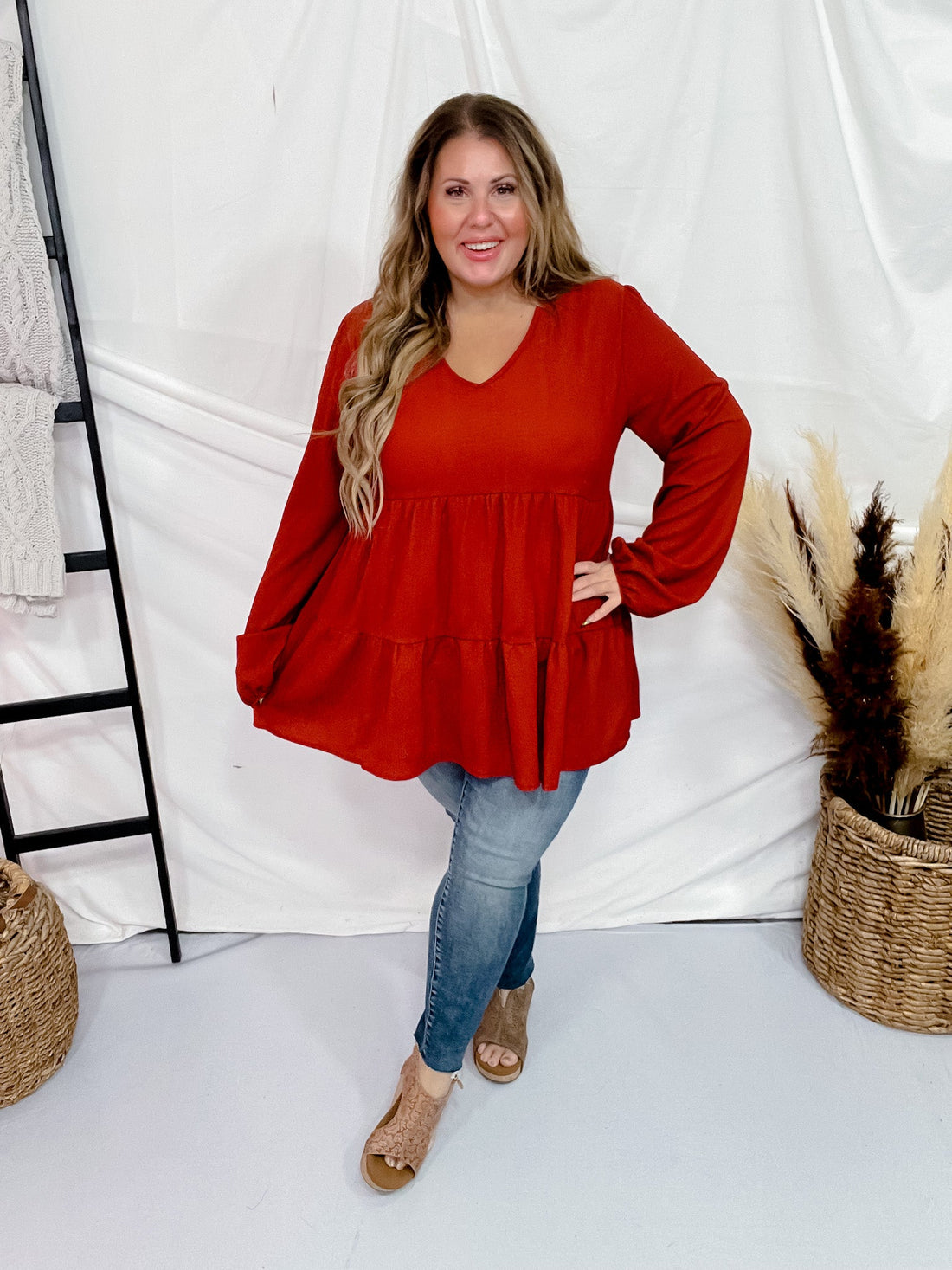 Long Puff Sleeve V - Neck Tiered Top - Whiskey Skies - HEIMISH