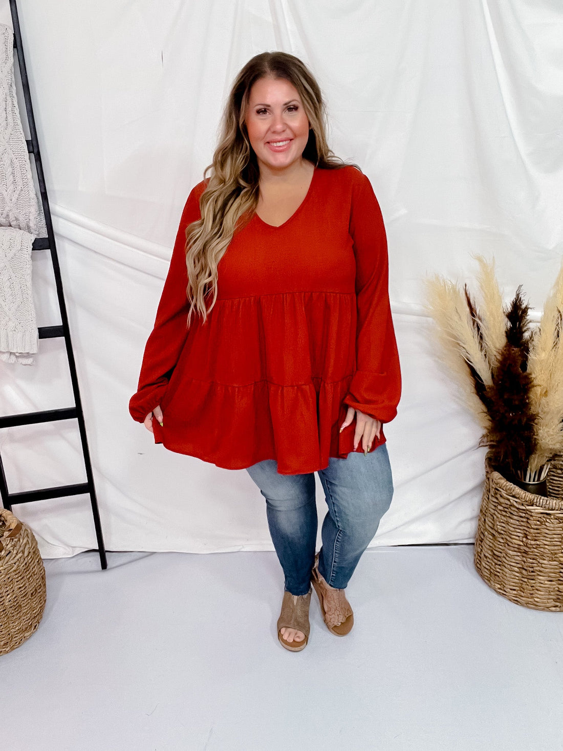 Long Puff Sleeve V - Neck Tiered Top - Whiskey Skies - HEIMISH