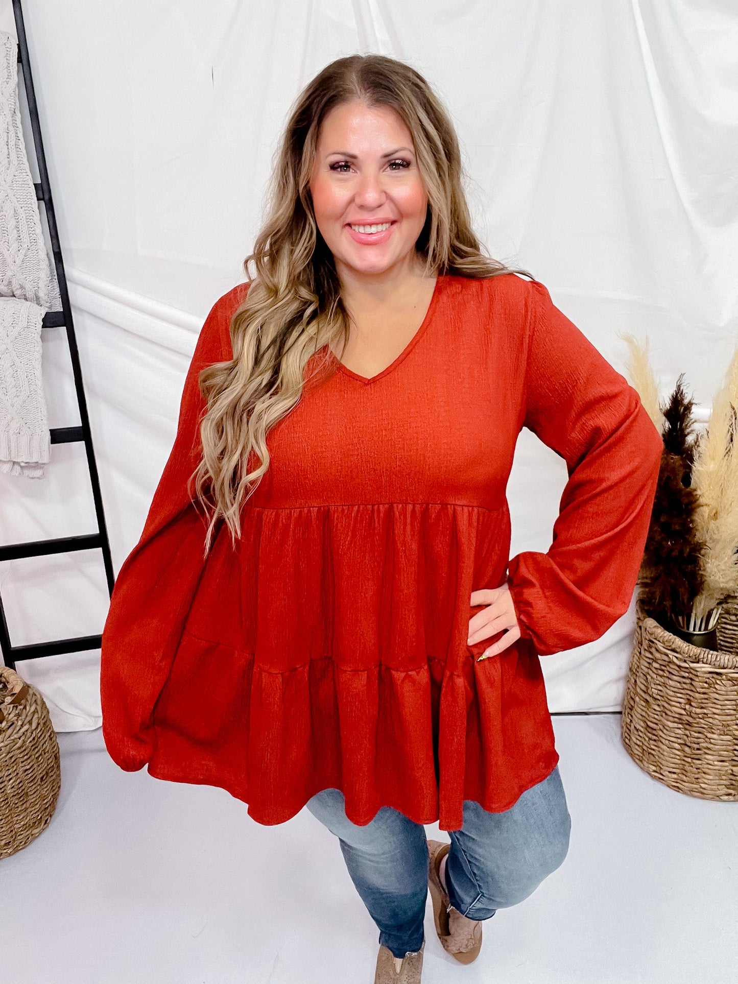 Long Puff Sleeve V - Neck Tiered Top - Whiskey Skies - HEIMISH