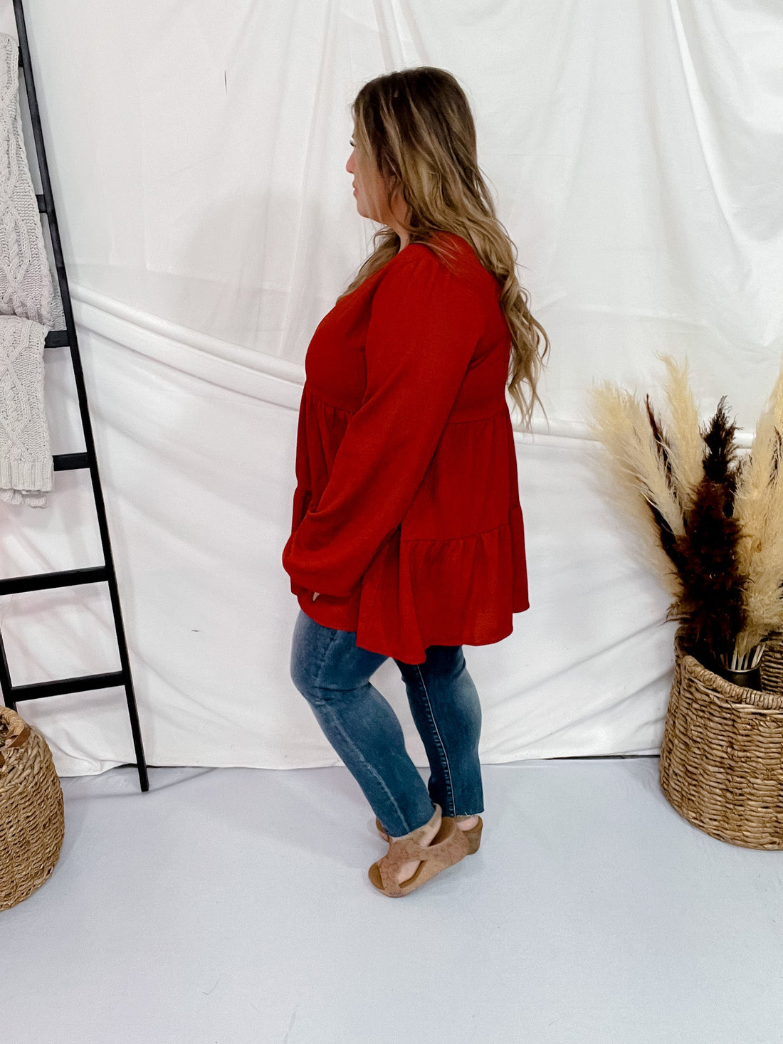 Long Puff Sleeve V - Neck Tiered Top - Whiskey Skies - HEIMISH