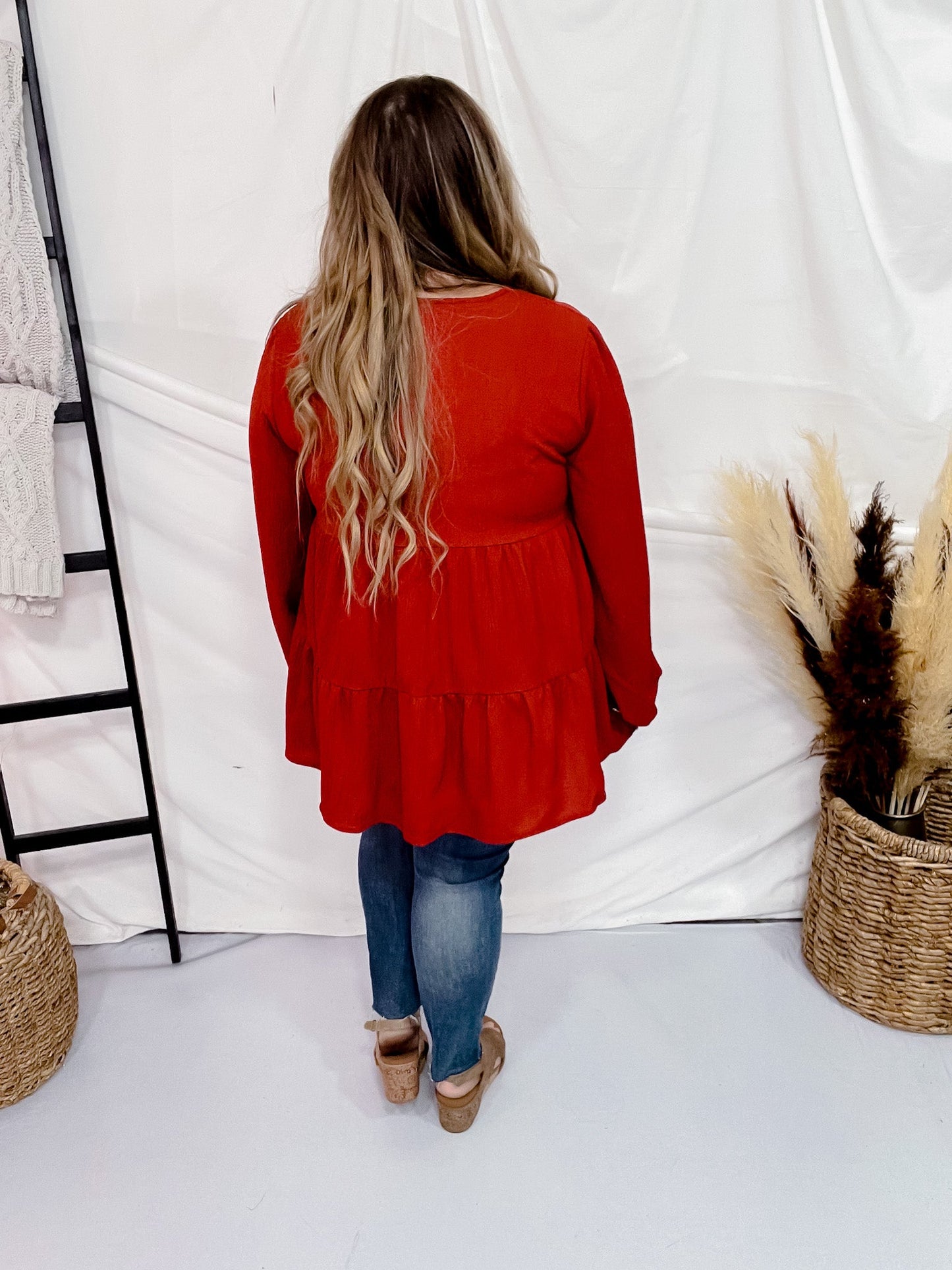 Long Puff Sleeve V - Neck Tiered Top - Whiskey Skies - HEIMISH