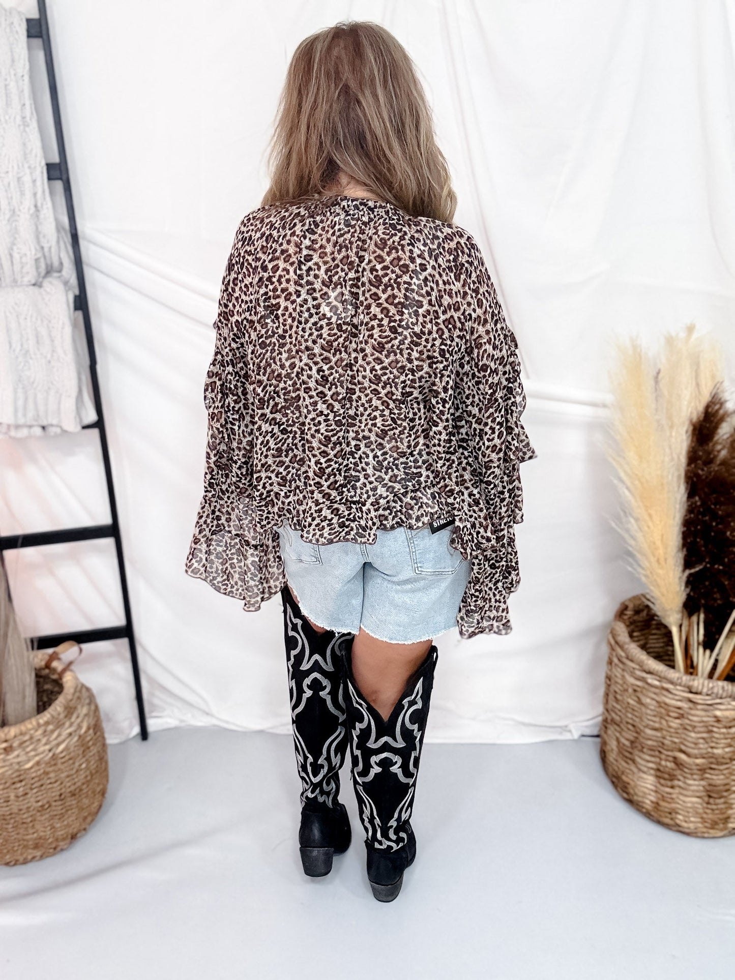 Long Ruffle Sleeve Leopard Print Blouse W/ Tassel Tie Neckline - Whiskey Skies - ODDI