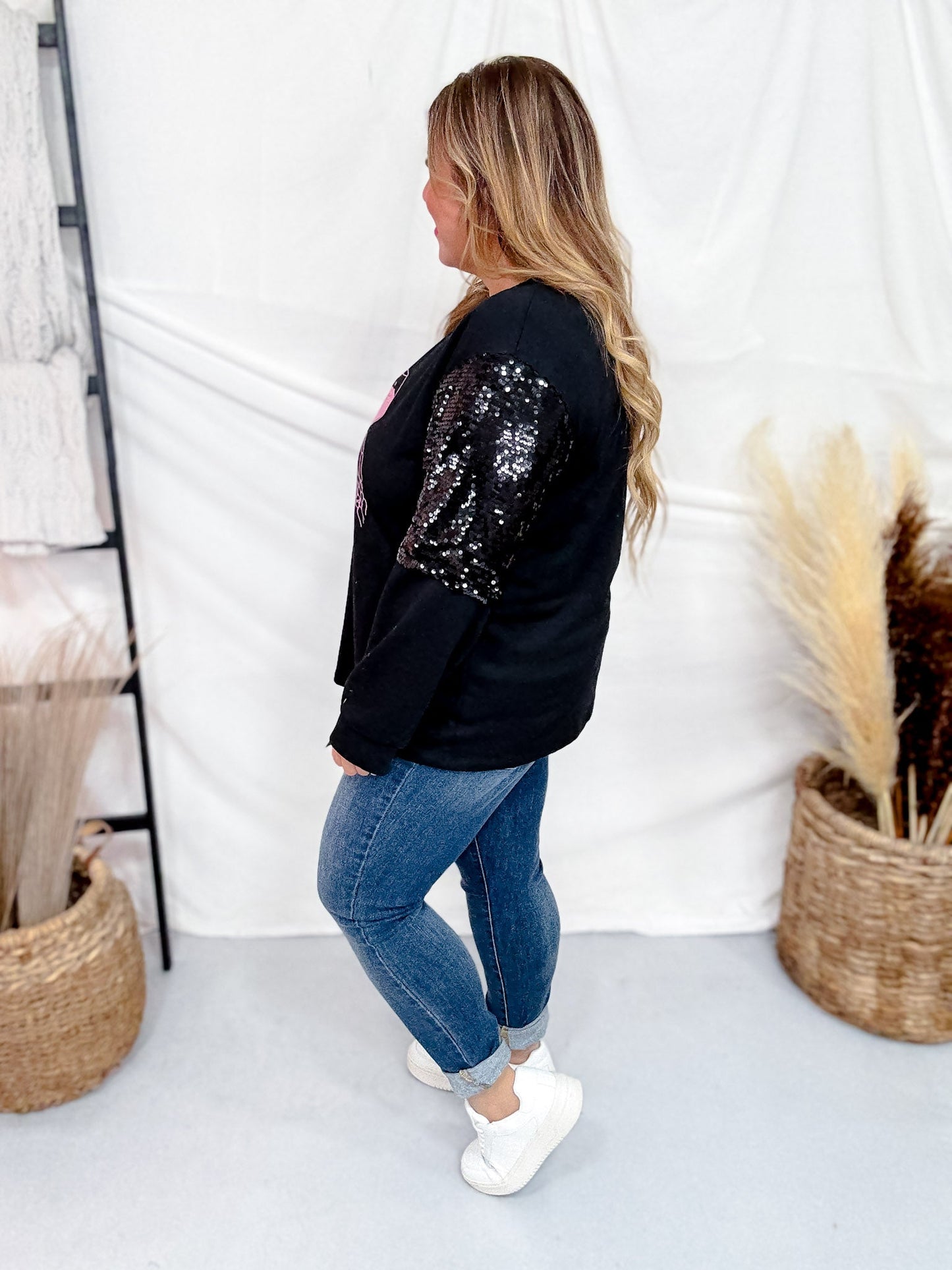 Long Sequin Sleeve Black Top W/ Poison Glasses Detail - Whiskey Skies - SOUTHERN GRACE