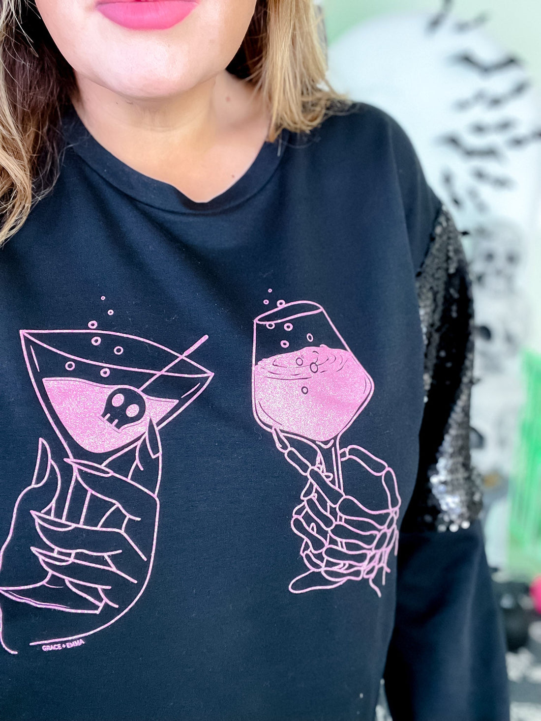 Long Sequin Sleeve Black Top W/ Poison Glasses Detail - Whiskey Skies - SOUTHERN GRACE