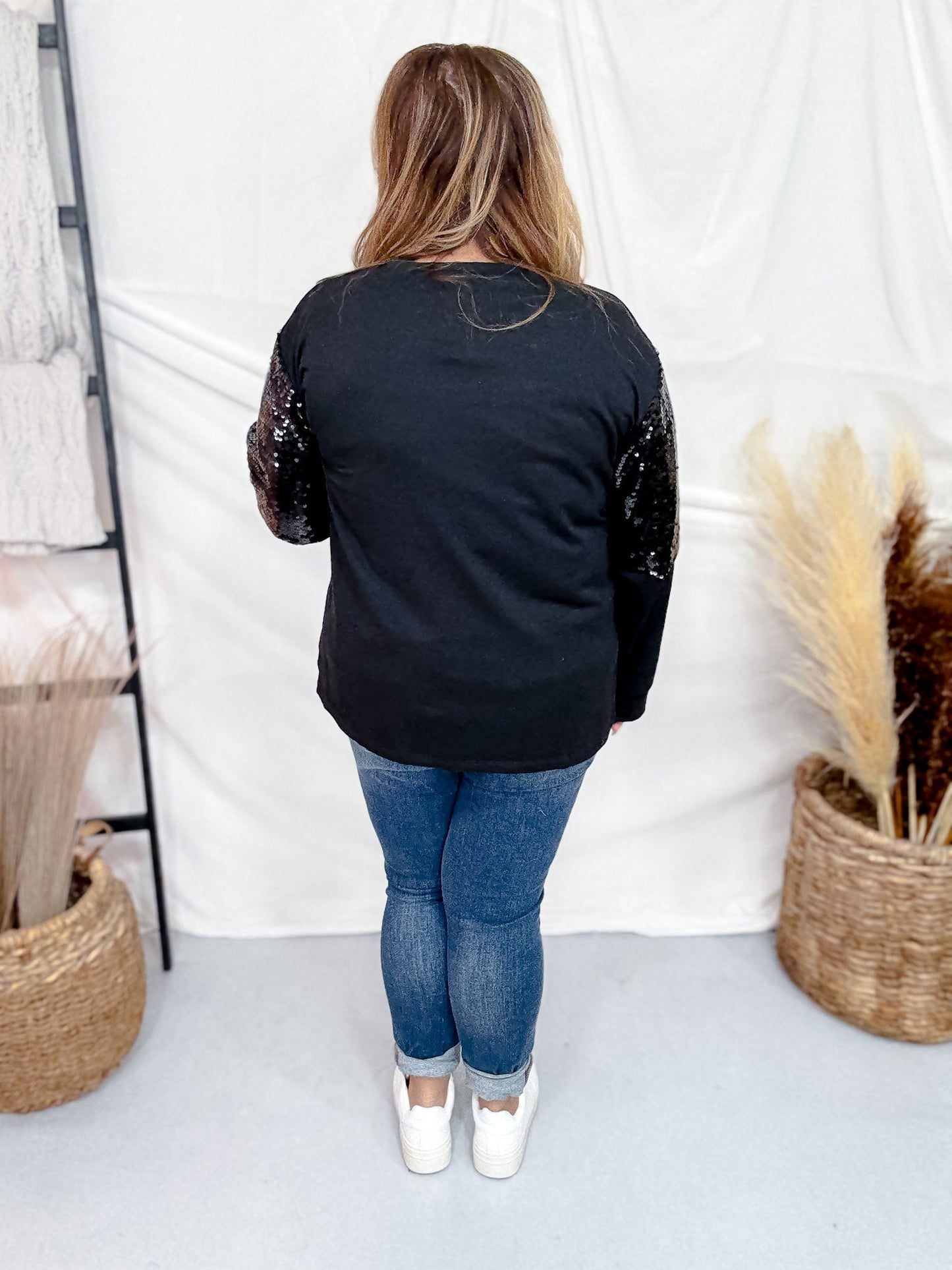 Long Sequin Sleeve Black Top W/ Poison Glasses Detail - Whiskey Skies - SOUTHERN GRACE