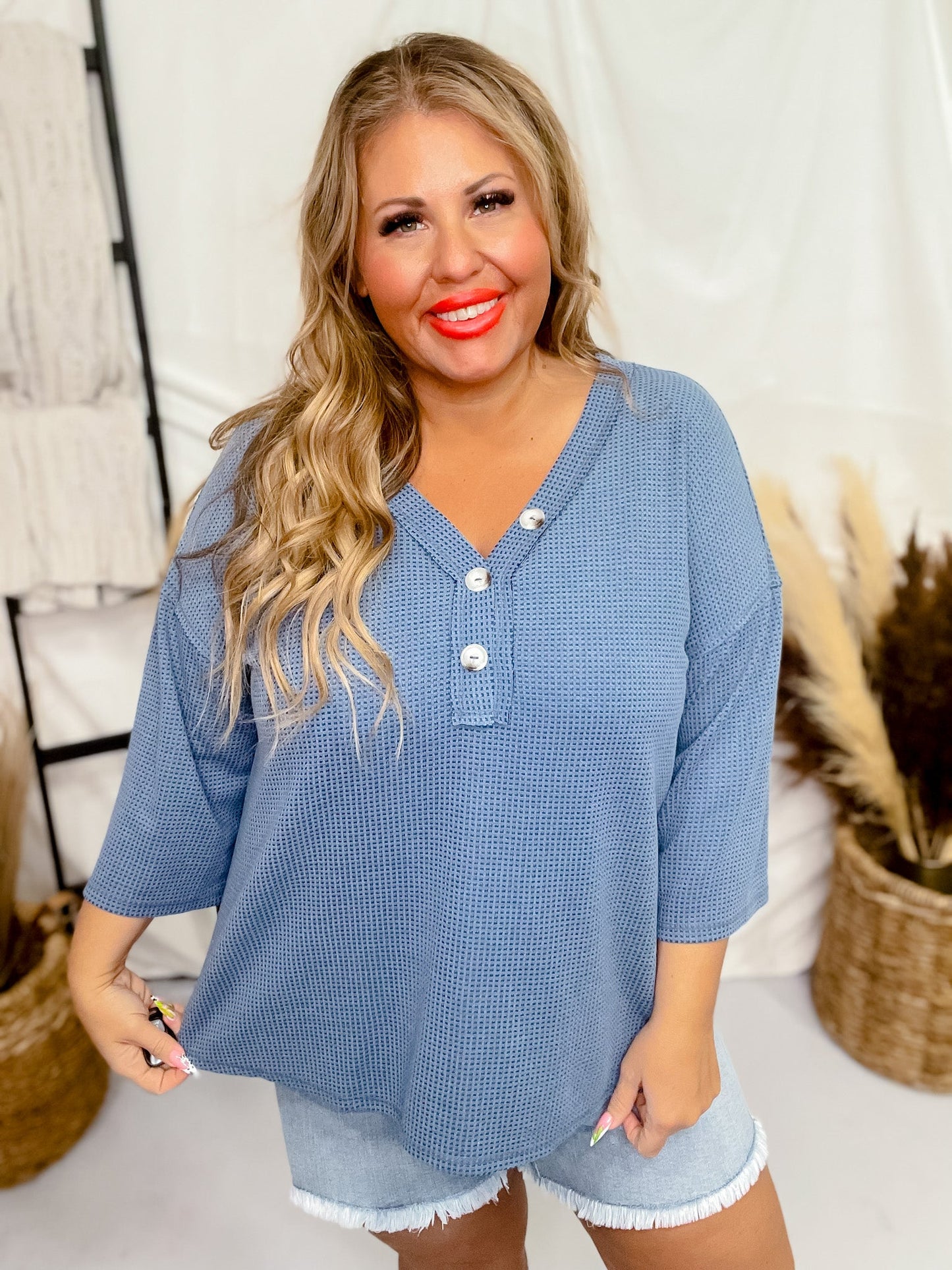 Long Sleeve 3/4 Button V - Neck Waffle Tunic Top (8 Colors) - Whiskey Skies - ANDREE BY UNIT