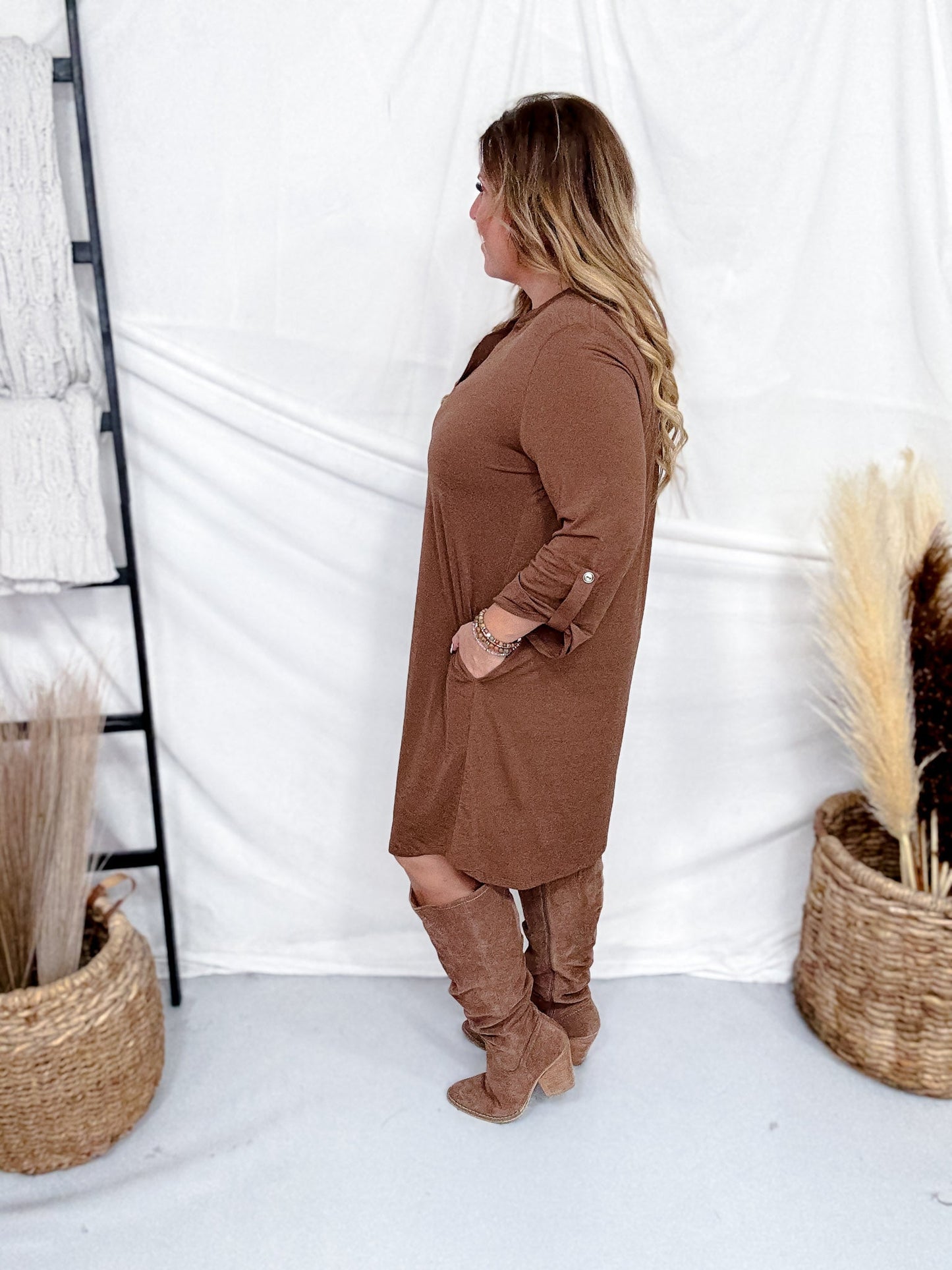 Long Sleeve A - Line Dress In Dark Mocha - Whiskey Skies - DEAR SCARLETT