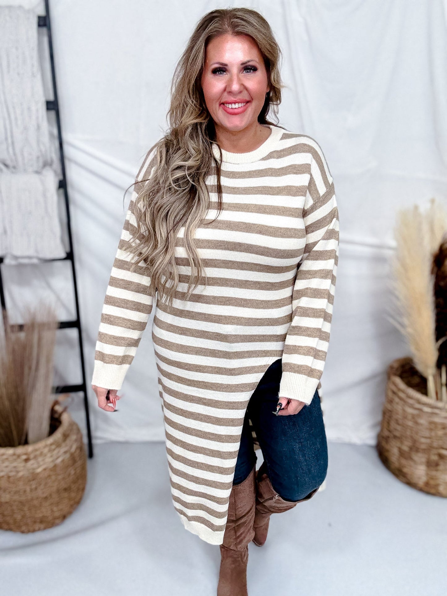 Long Sleeve Asymmetric Front Slit Striped Dress - Whiskey Skies - DAVI & DANI