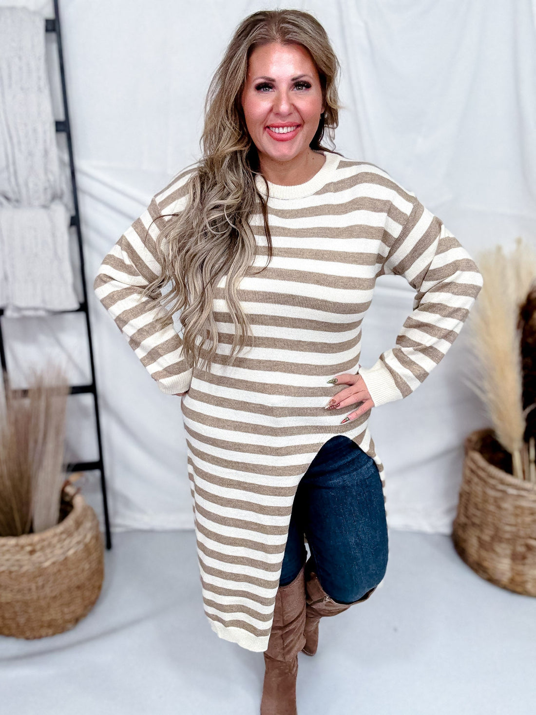 Long Sleeve Asymmetric Front Slit Striped Dress - Whiskey Skies - DAVI & DANI