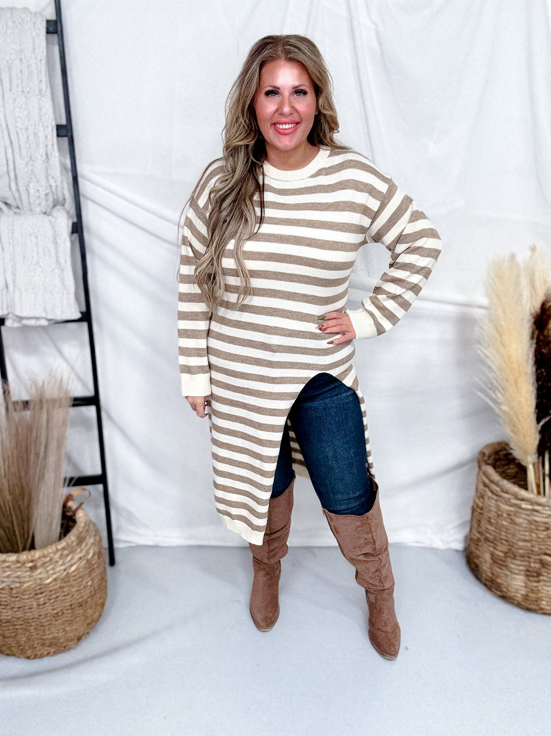 Long Sleeve Asymmetric Front Slit Striped Dress - Whiskey Skies - DAVI & DANI