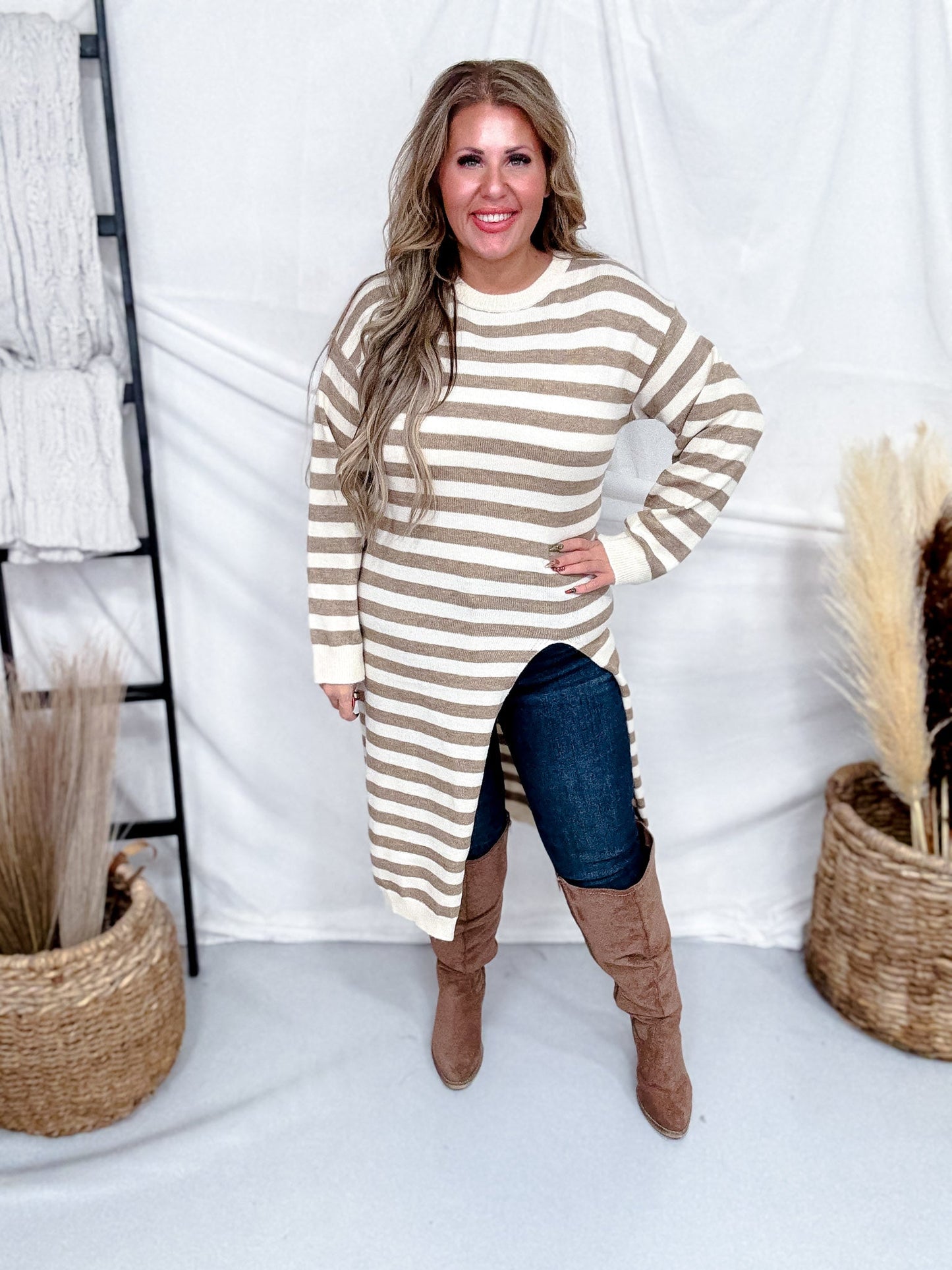 Long Sleeve Asymmetric Front Slit Striped Dress - Whiskey Skies - DAVI & DANI