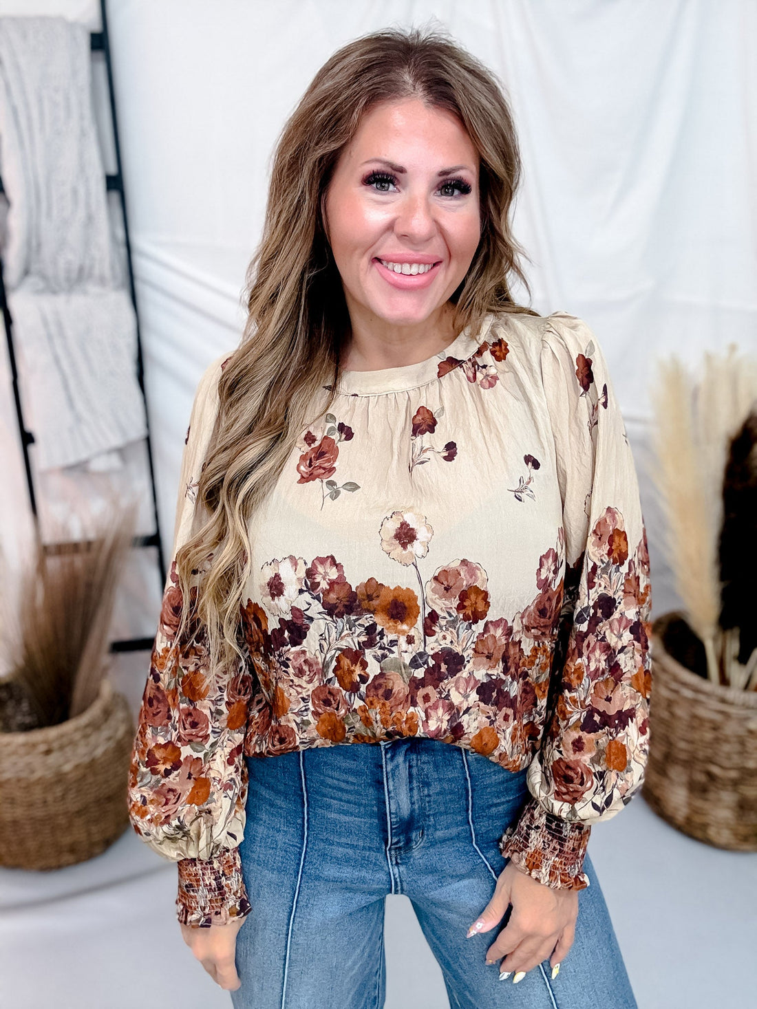 Long Sleeve Autumn Garden Top With Round Neckline - Whiskey Skies - ODDI