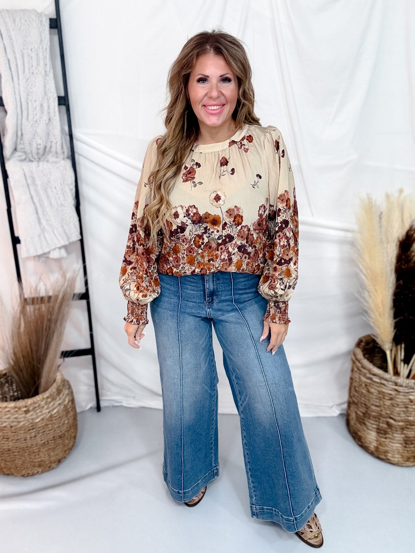 Long Sleeve Autumn Garden Top With Round Neckline - Whiskey Skies - ODDI