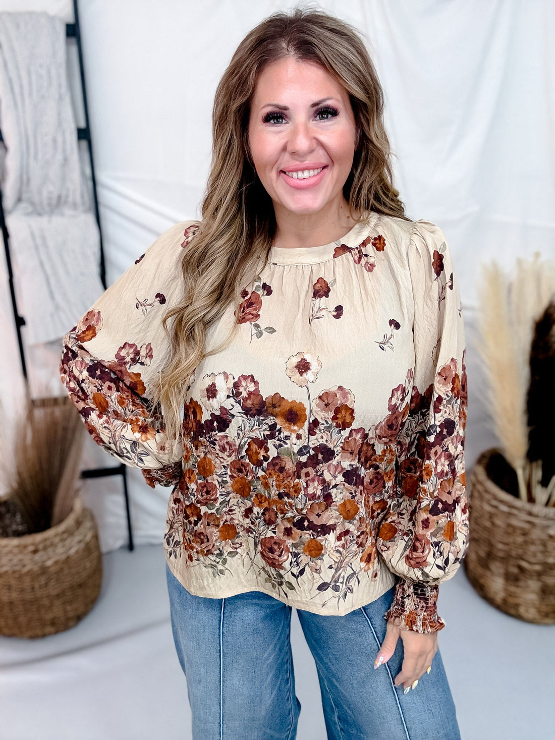 Long Sleeve Autumn Garden Top With Round Neckline - Whiskey Skies - ODDI