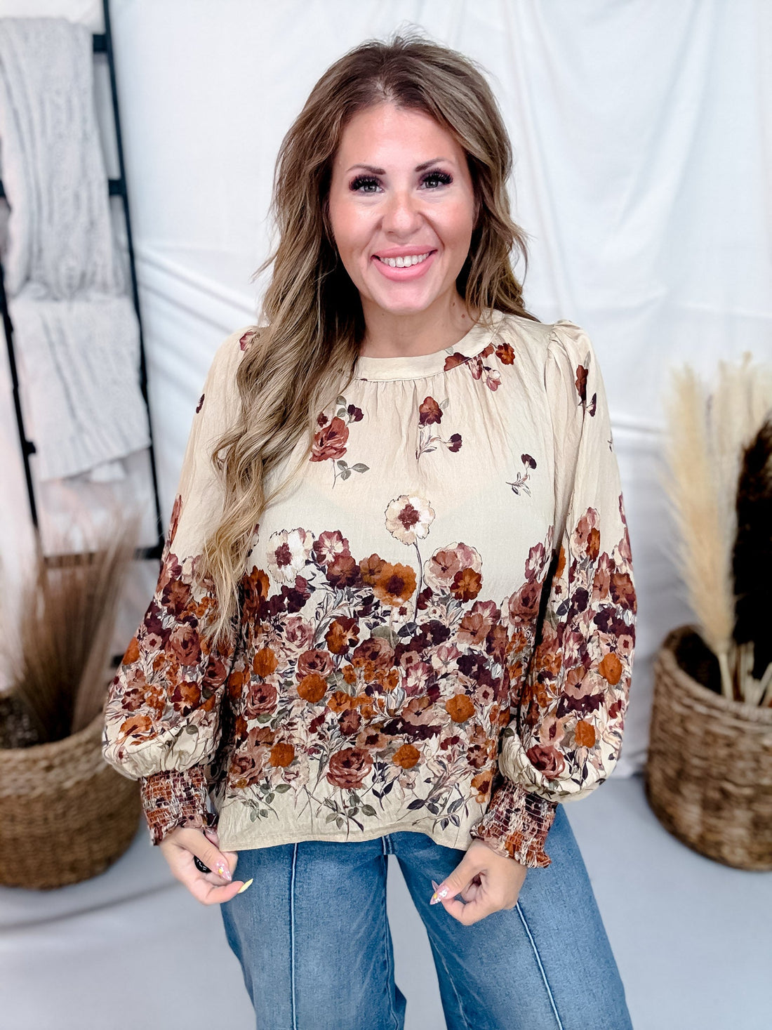 Long Sleeve Autumn Garden Top With Round Neckline - Whiskey Skies - ODDI