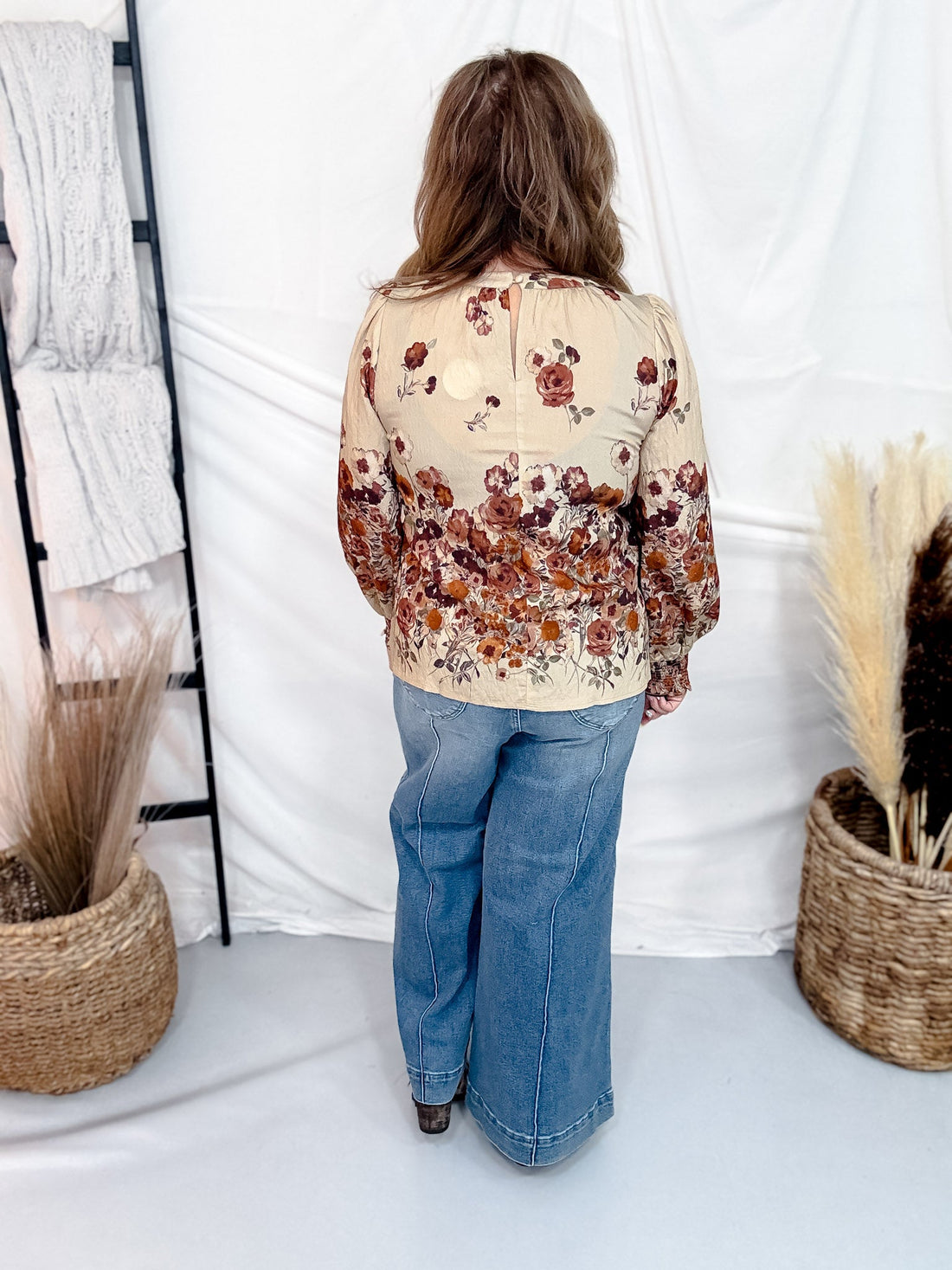 Long Sleeve Autumn Garden Top With Round Neckline - Whiskey Skies - ODDI