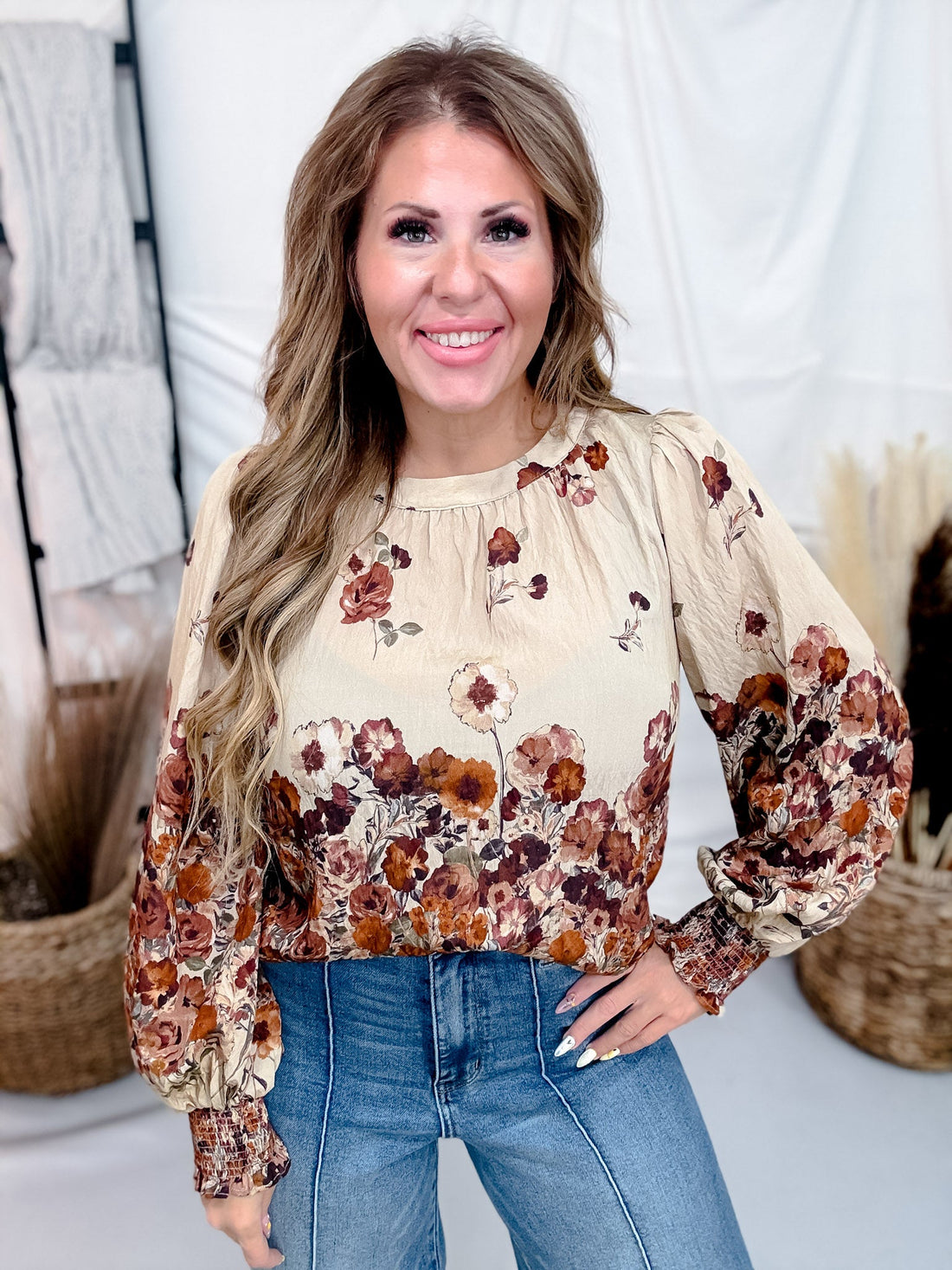 Long Sleeve Autumn Garden Top With Round Neckline - Whiskey Skies - ODDI