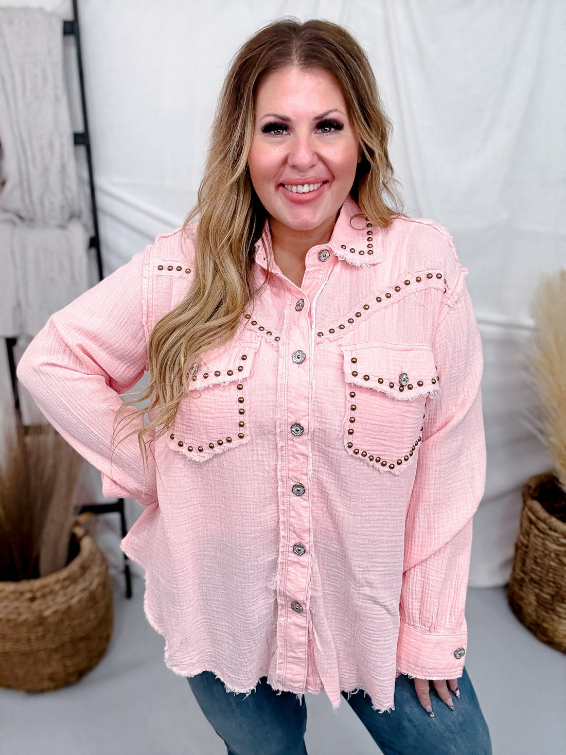 Long Sleeve Baby Pink Button Down Top W/ Studding Details - Whiskey Skies - POL CLOTHING INC.