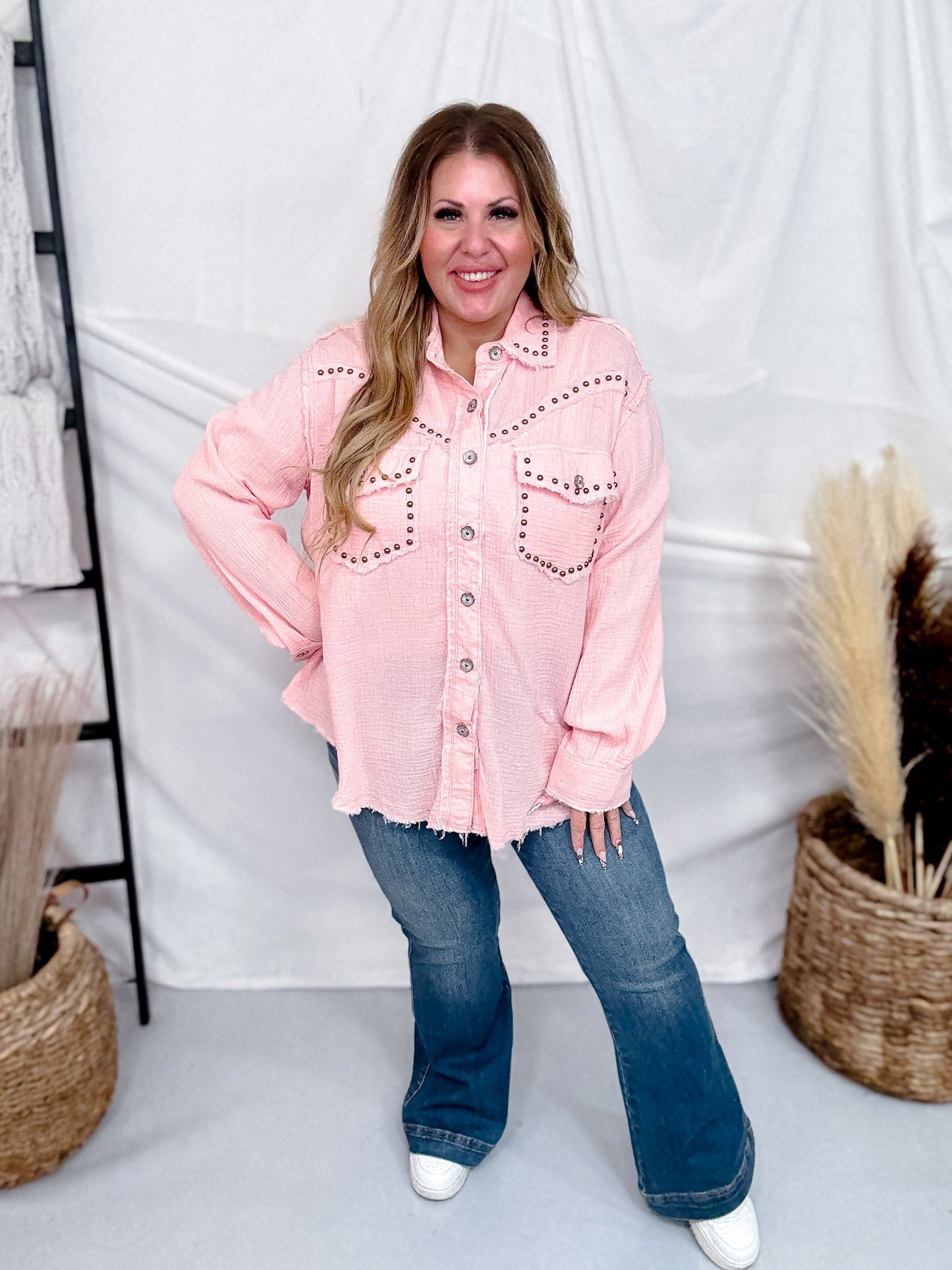 Long Sleeve Baby Pink Button Down Top W/ Studding Details - Whiskey Skies - POL CLOTHING INC.